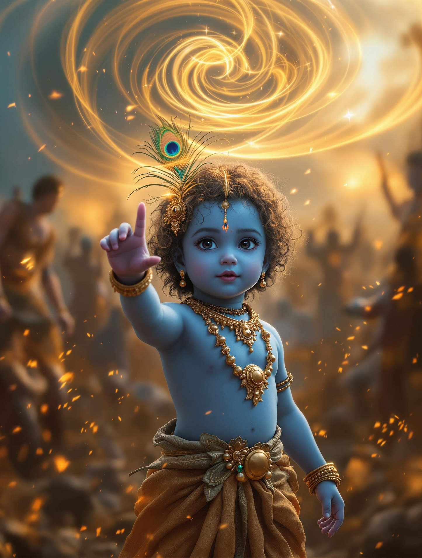 Baby Krishna Lifting Govardhan – Divine Power Golden Swirl Premium Digital Art Print