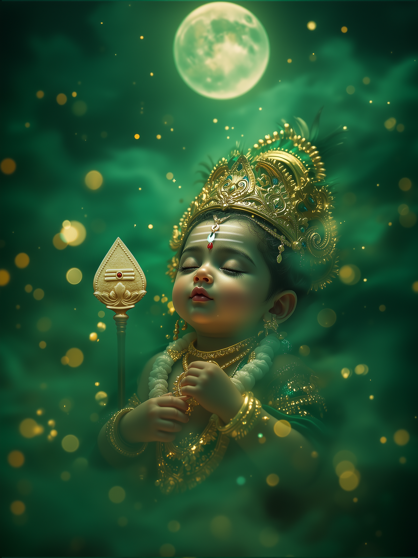 Baby Murugan Sleeping Under Full Moon – Emerald Celestial Night Sky Premium Digital Art Print