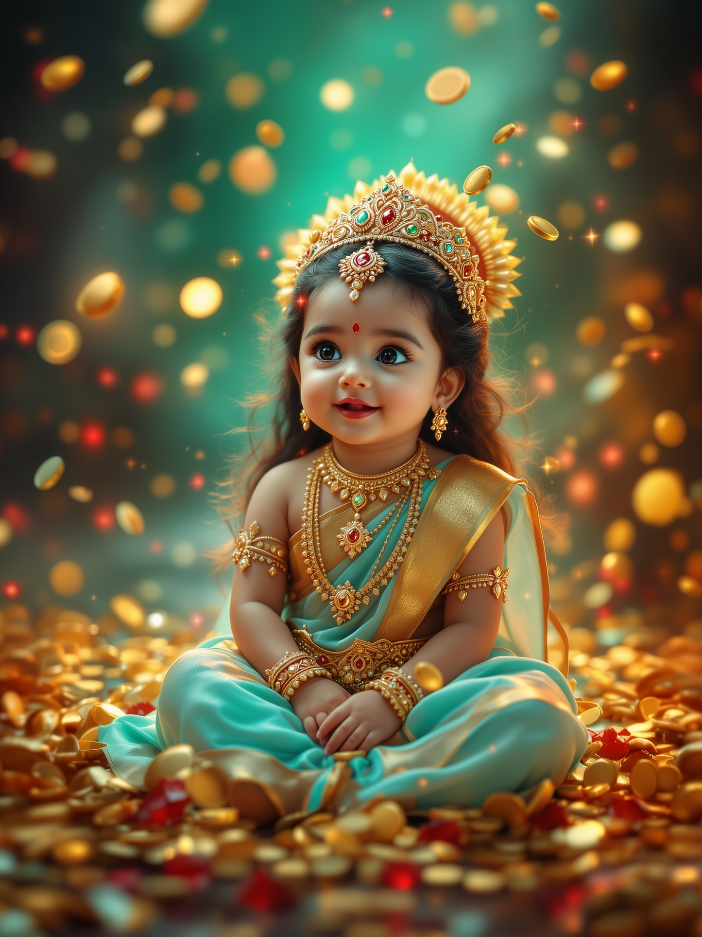 Baby Goddess Lakshmi Showered with Gold Coins & Rubies – Divine Abundance Premium Digital Art Print
