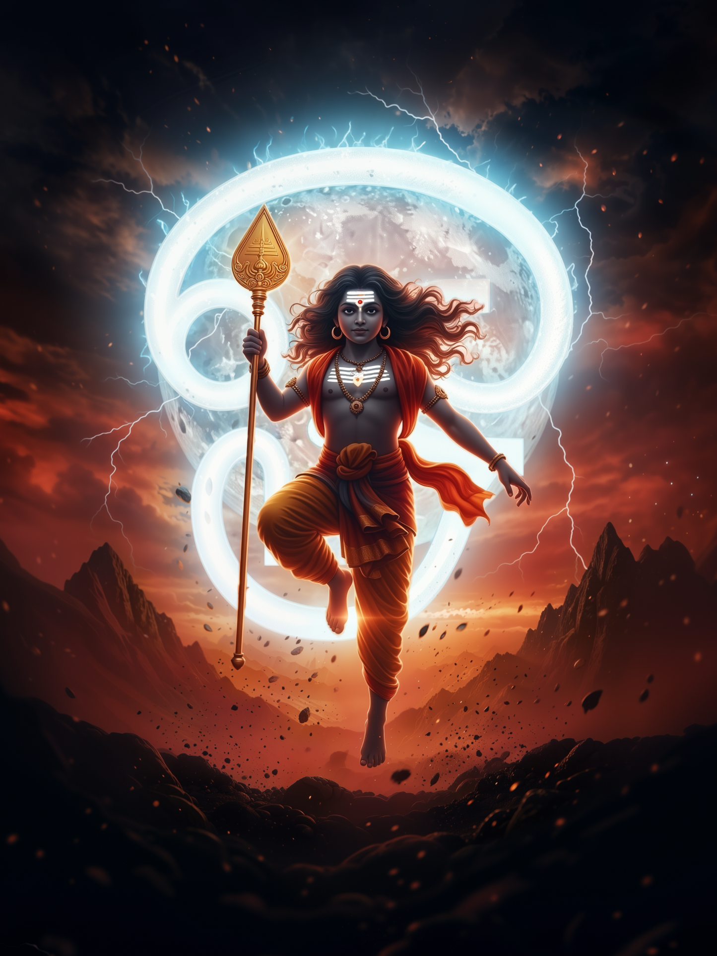 Lord Murugan Rising with Vel Before Om Symbol – Cosmic Lightning Power Premium Digital Art Print