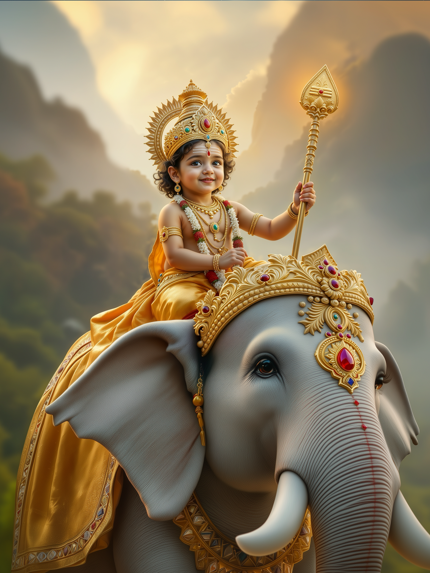 Baby Murugan Riding Royal White Elephant with Golden Vel – Mountain Sunrise Premium Digital Art Print