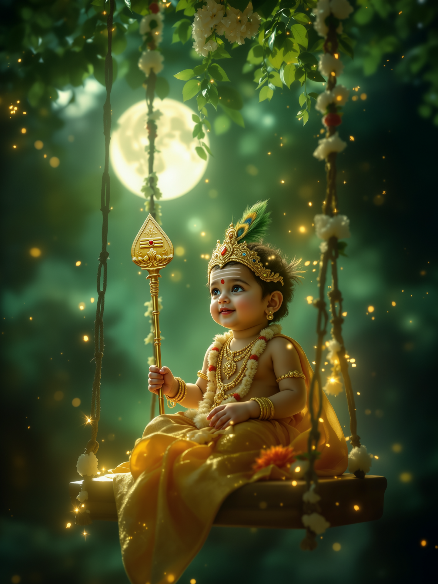 Baby Murugan Swinging on Floral Swing Under Moonlit Forest – Enchanted Night Premium Digital Art Print