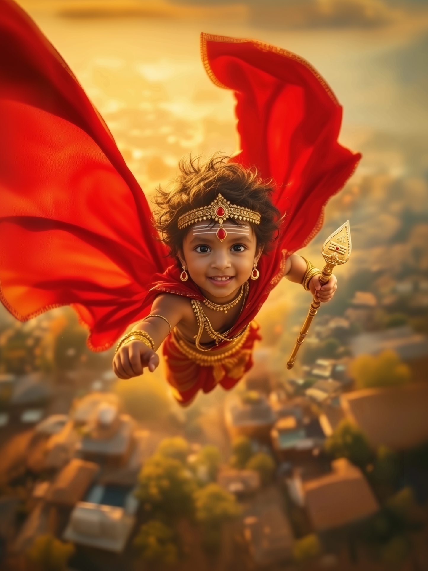 Baby Murugan Flying Over Village with Red Cape & Golden Vel – Divine Superhero Sunset Premium Digital Art Print