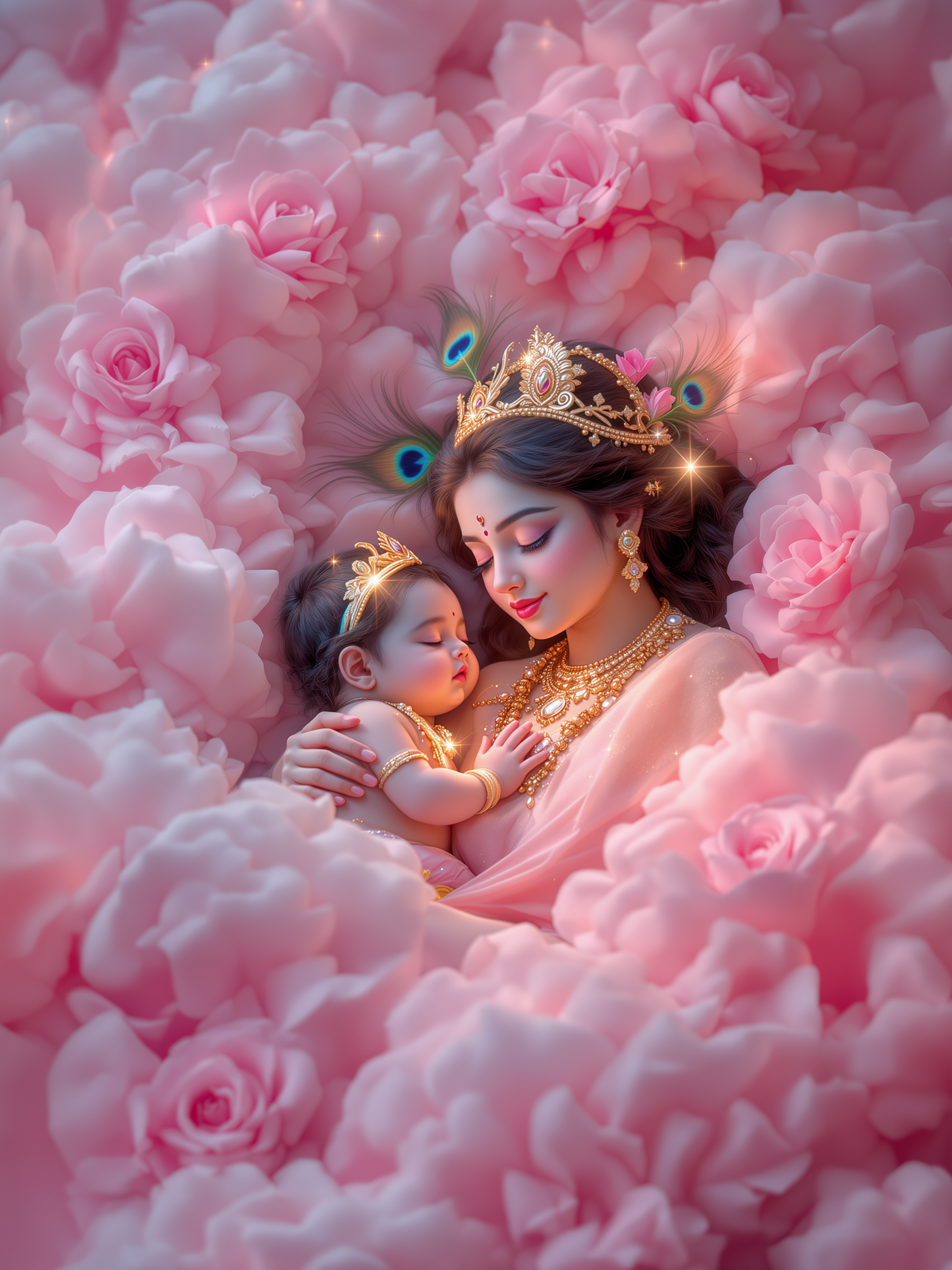 Yashoda & Baby Krishna Sleeping Together in Pink Rose Bed – Divine Mother's Embrace Premium Digital Art Print