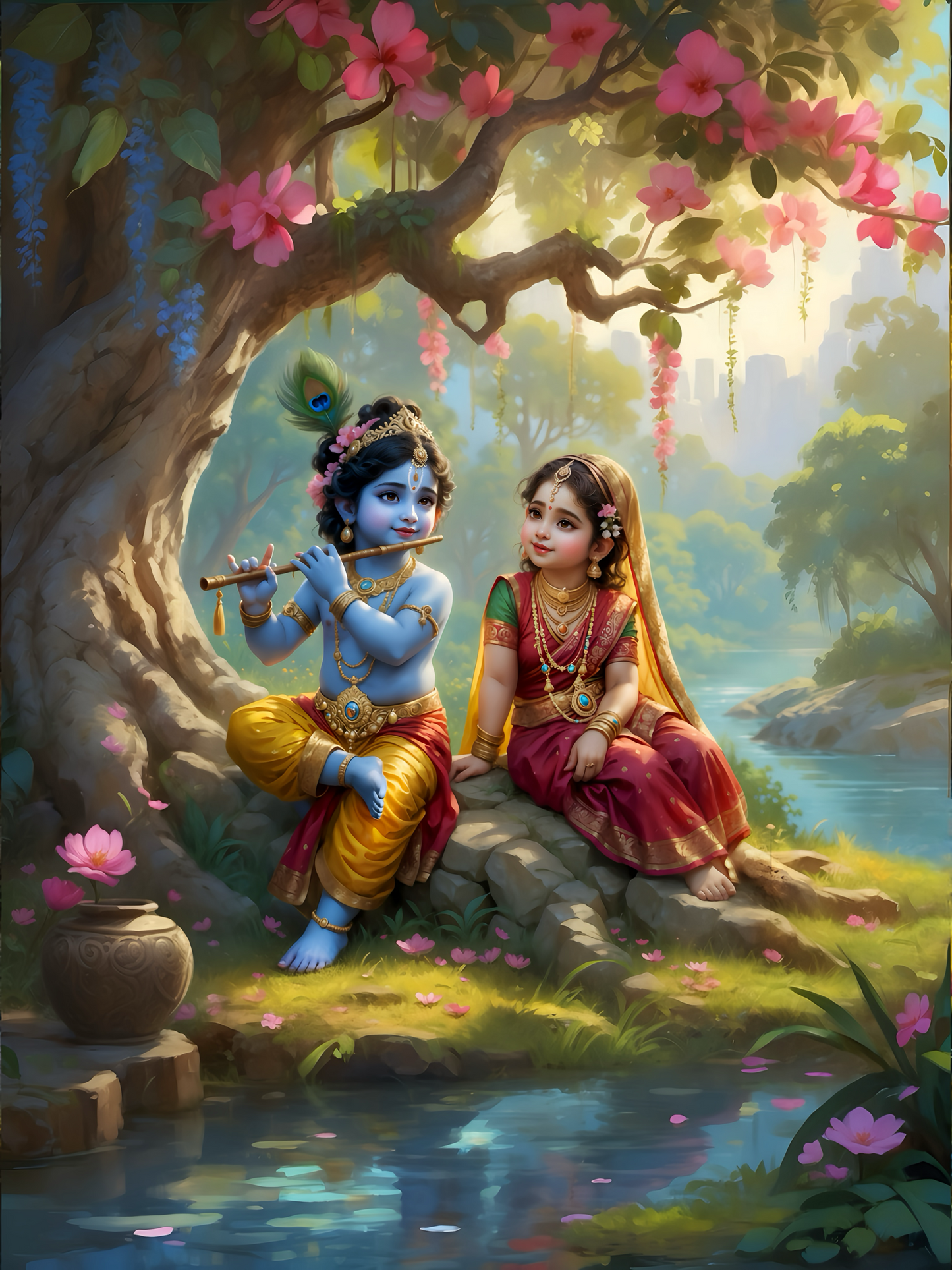 Radha Krishna Under Flowering Tree by River – Divine Flute Melody Vrindavan Premium Digital Art Print