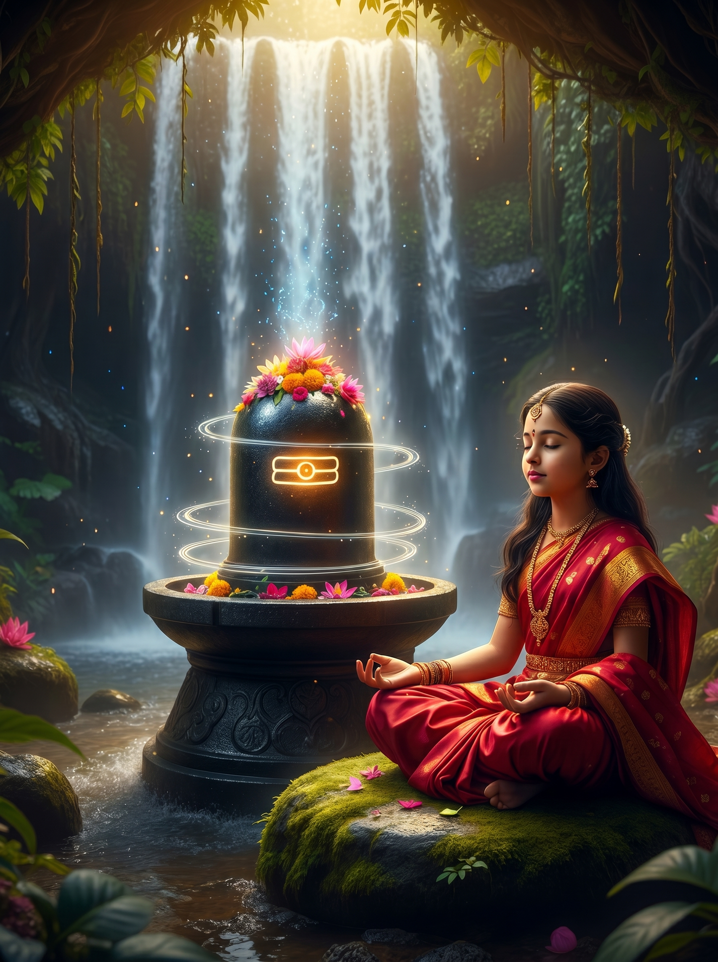 Sacred Devotion – Girl Meditating by Shiva Lingam in Enchanted Forest Waterfall Art Print