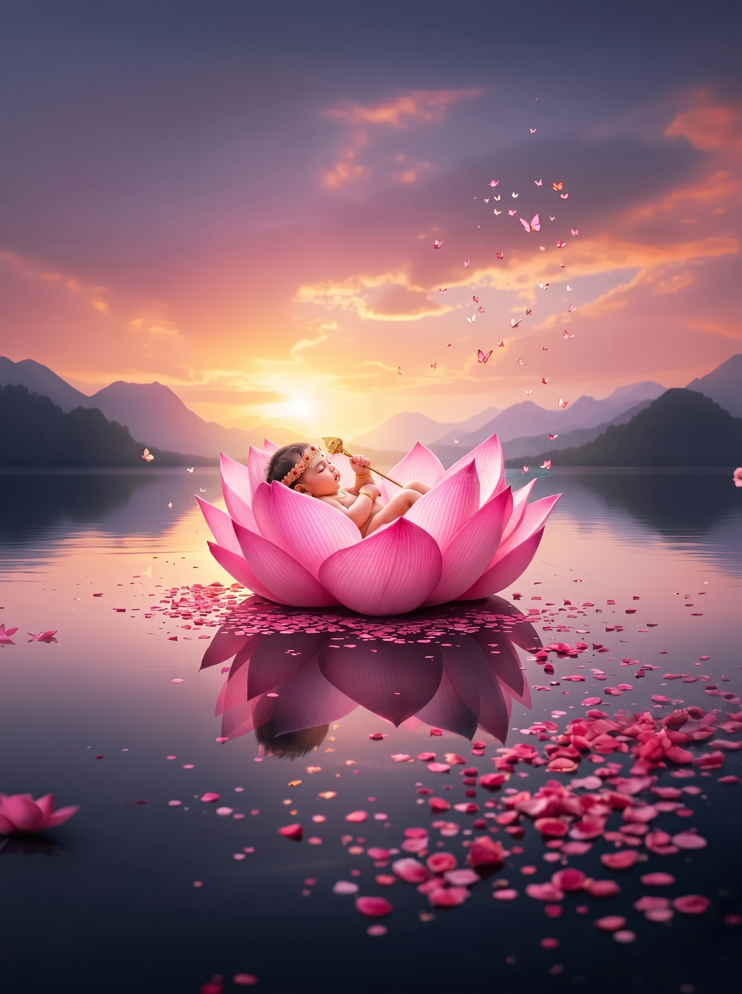 Baby Lakshmi Sleeping on Lotus – Sunset Lake Divine Art Premium Digital Print