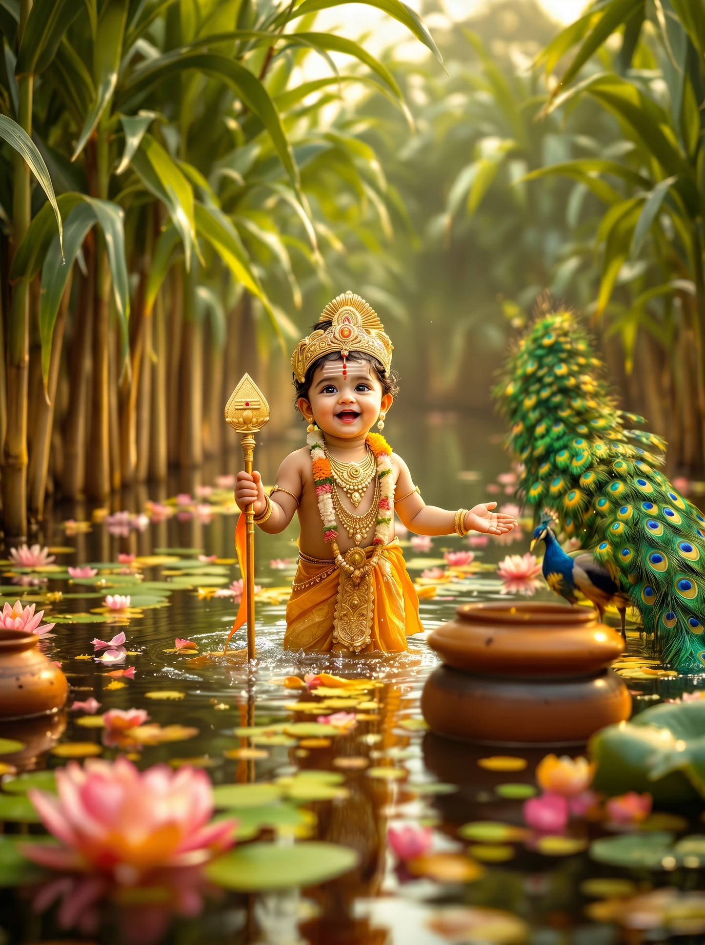 Baby Murugan Playing in Lotus Pond with Peacock – Joyful Divine Art Premium Digital Print