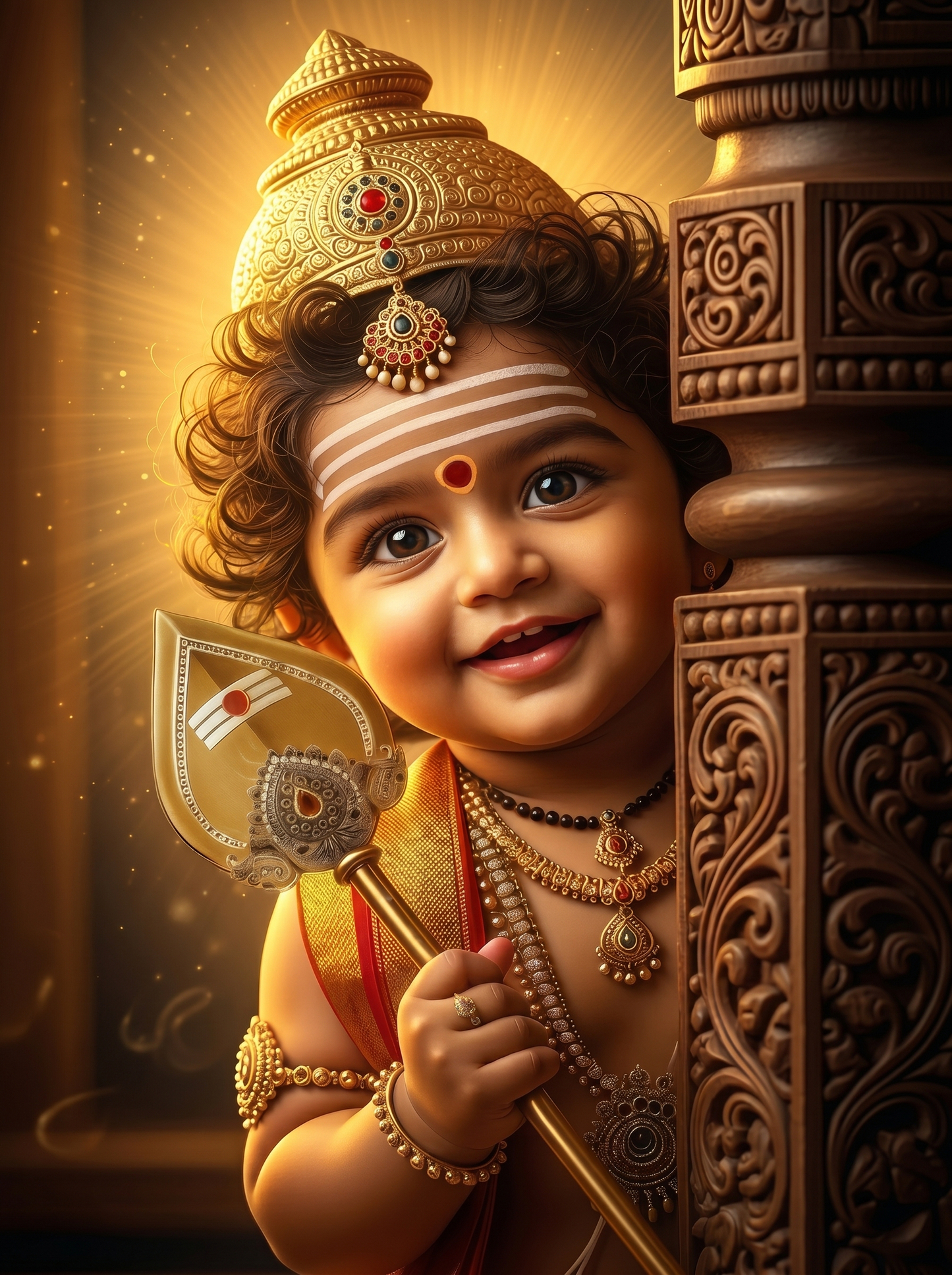 Cute Baby Murugan Peeking Behind Temple Pillar – Playful Divine Smile Premium Digital Art Print