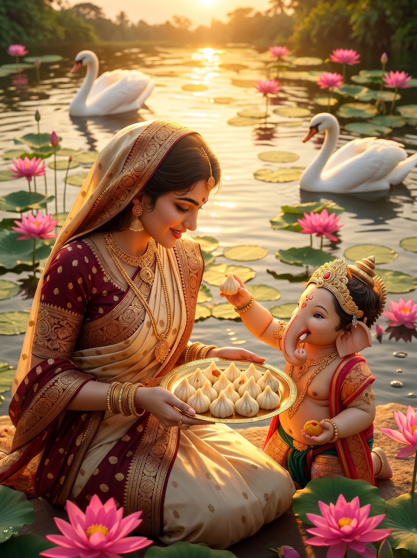 Parvati Feeding Modak to Baby Ganesha by Lotus Lake – Divine Love Sunset Premium Digital Art Print