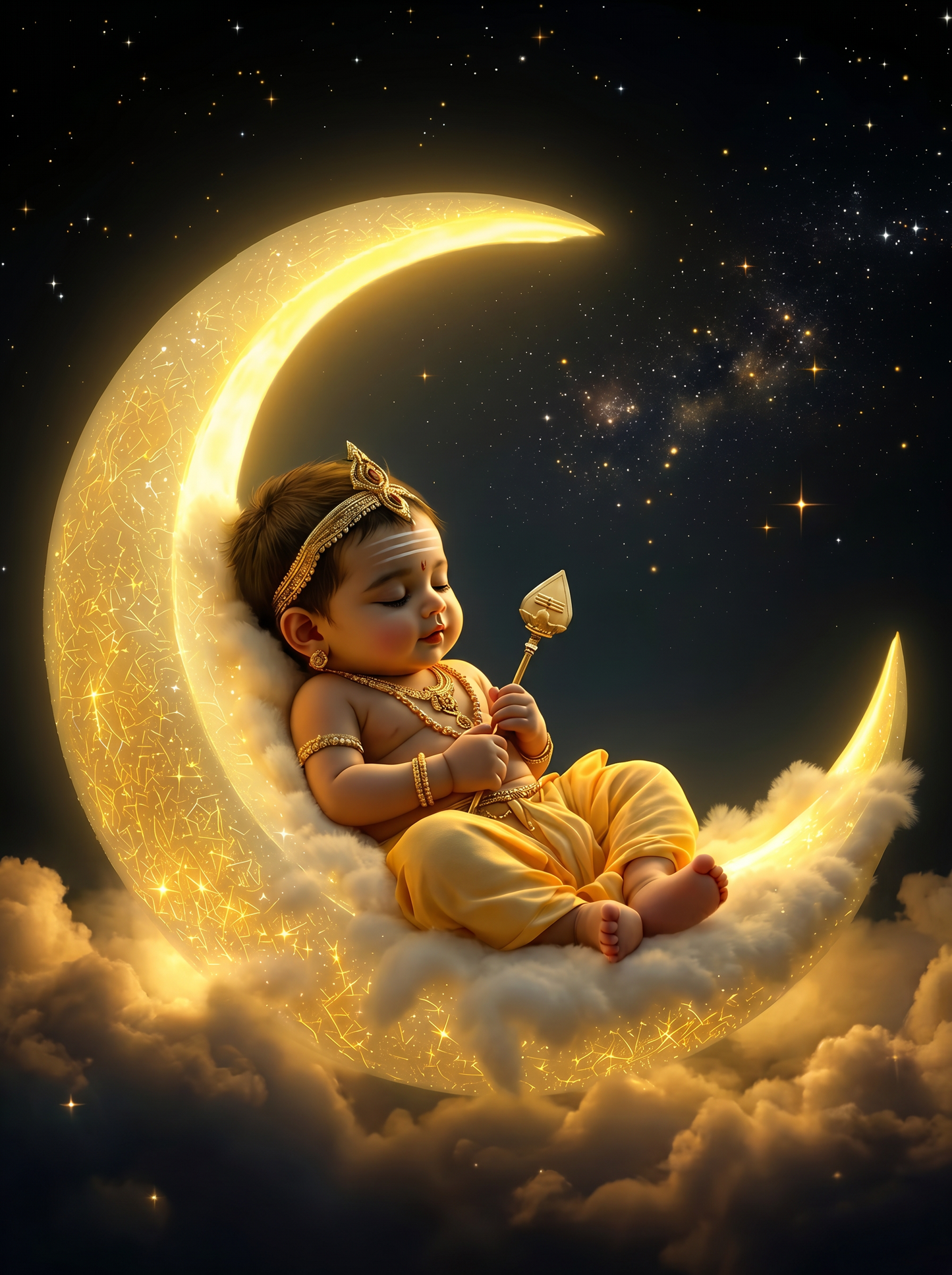 Baby Murugan Dozing on Golden Crescent Moon with Vel – Milky Way Night Sky Premium Digital Art Print