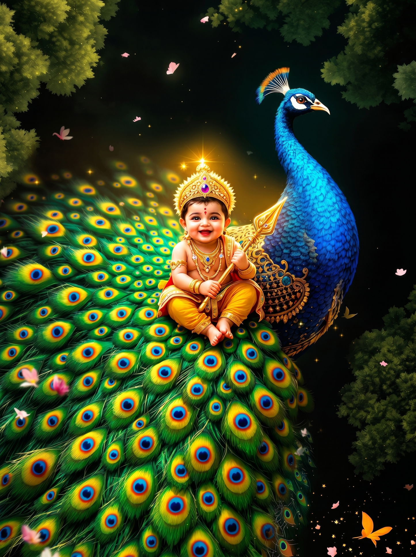 Baby Murugan Seated on Peacock's Magnificent Tail Feathers – Divine Joy Forest Premium Digital Art Print