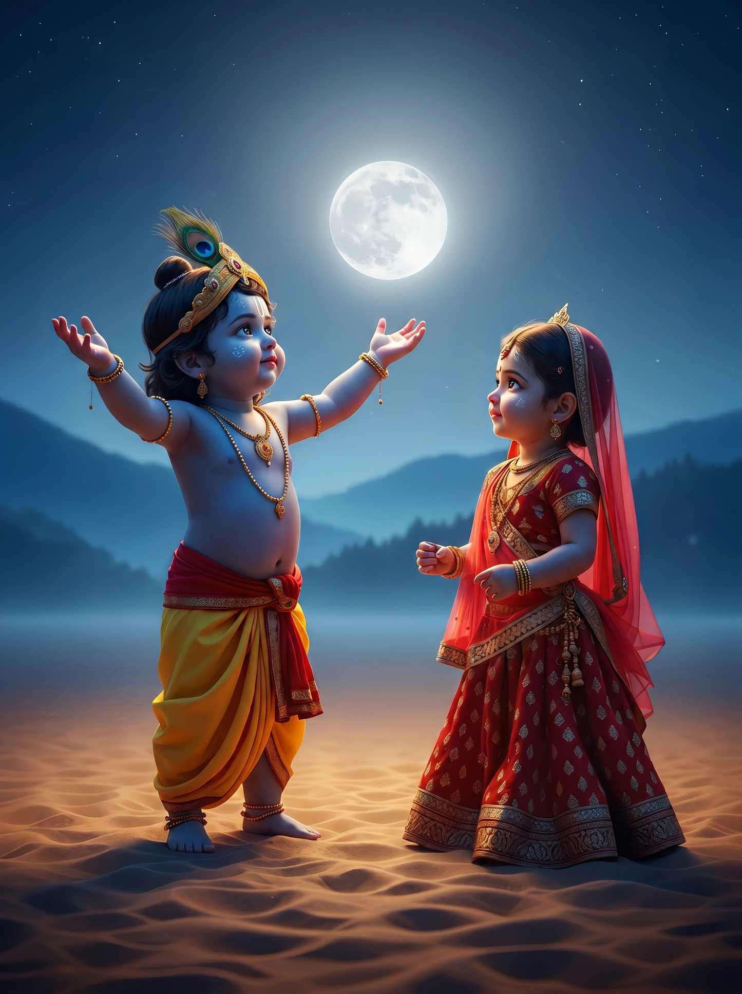 Baby Krishna Offering Moon to Little Radha – Moonlit Beach Divine Love Premium Digital Art Print