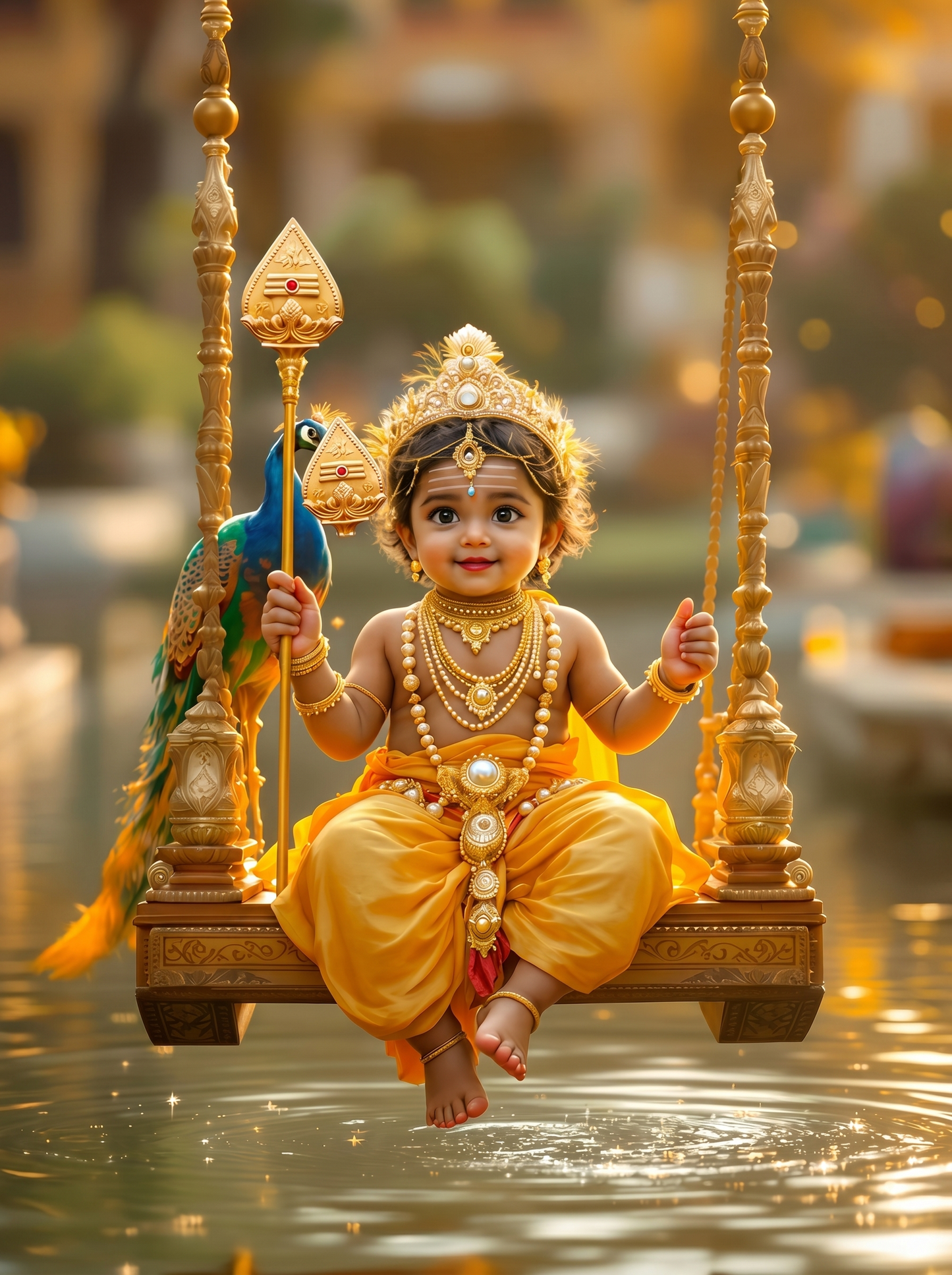 Baby Murugan Swinging on Golden Cradle Over Shimmering Water with Peacock – Divine Bliss Premium Digital Art Print