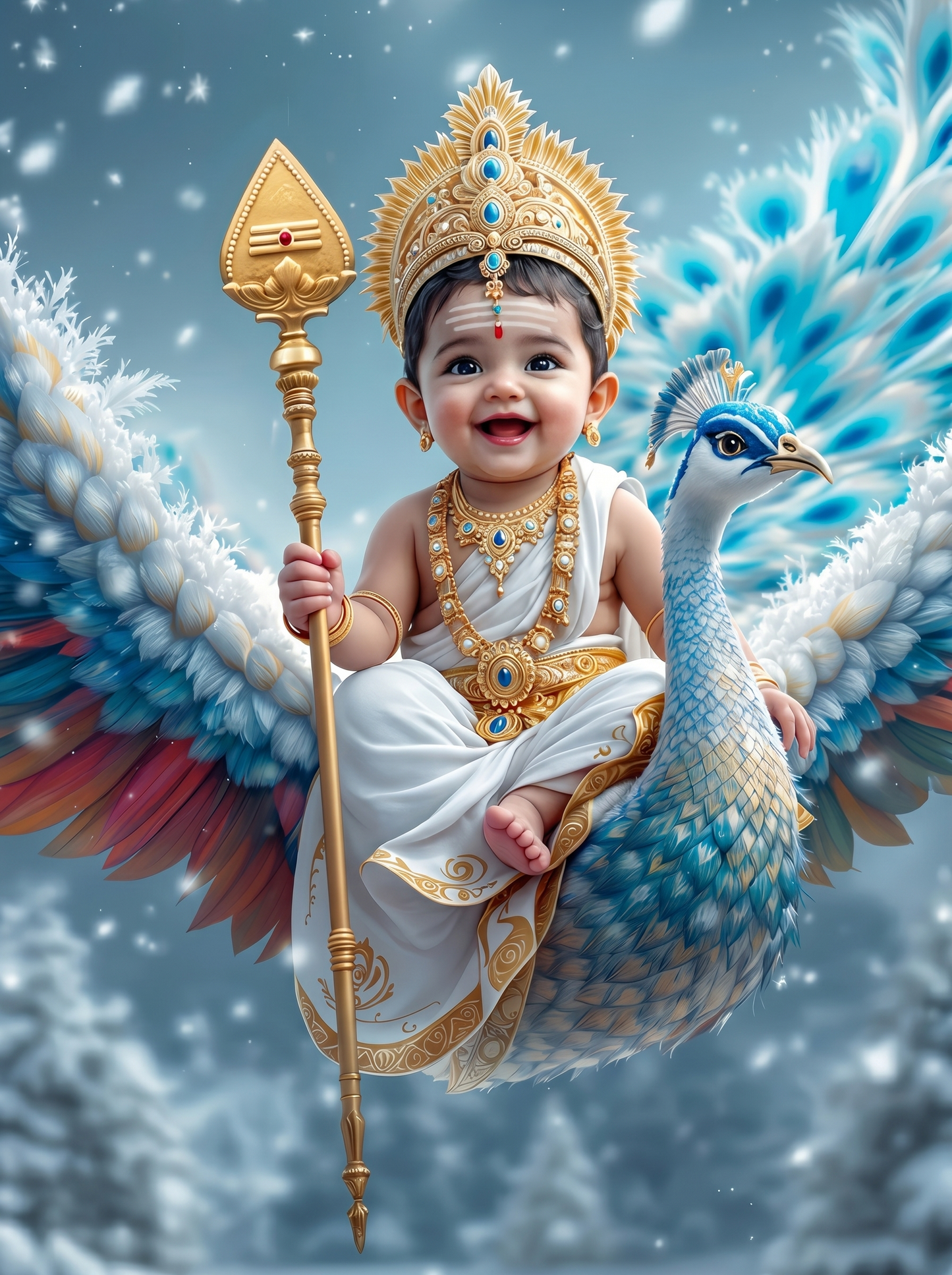 Baby Murugan Flying on White Peacock Through Snowy Winter Sky – Pure Divine Joy Premium Digital Art Print