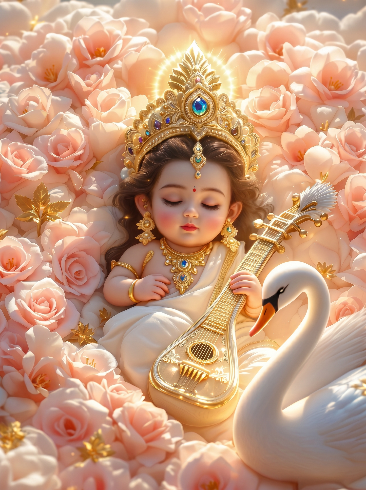 Baby Saraswati Sleeping with Golden Veena in Pink Rose Bed – Divine Swan Companion Premium Digital Art Print