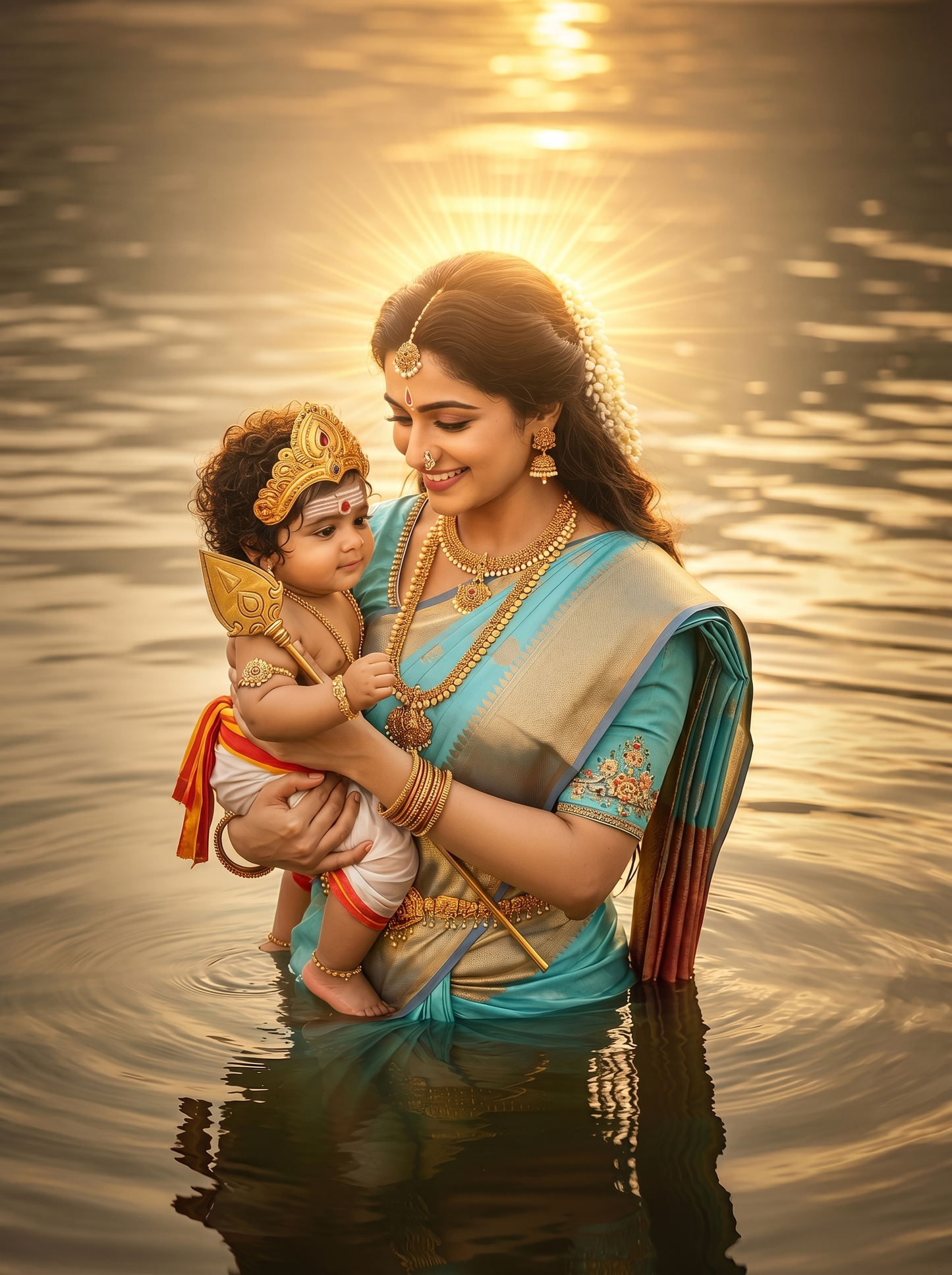 Mother Carrying Baby Murugan in Sacred River at Golden Sunrise – Divine Blessing Premium Digital Art Print