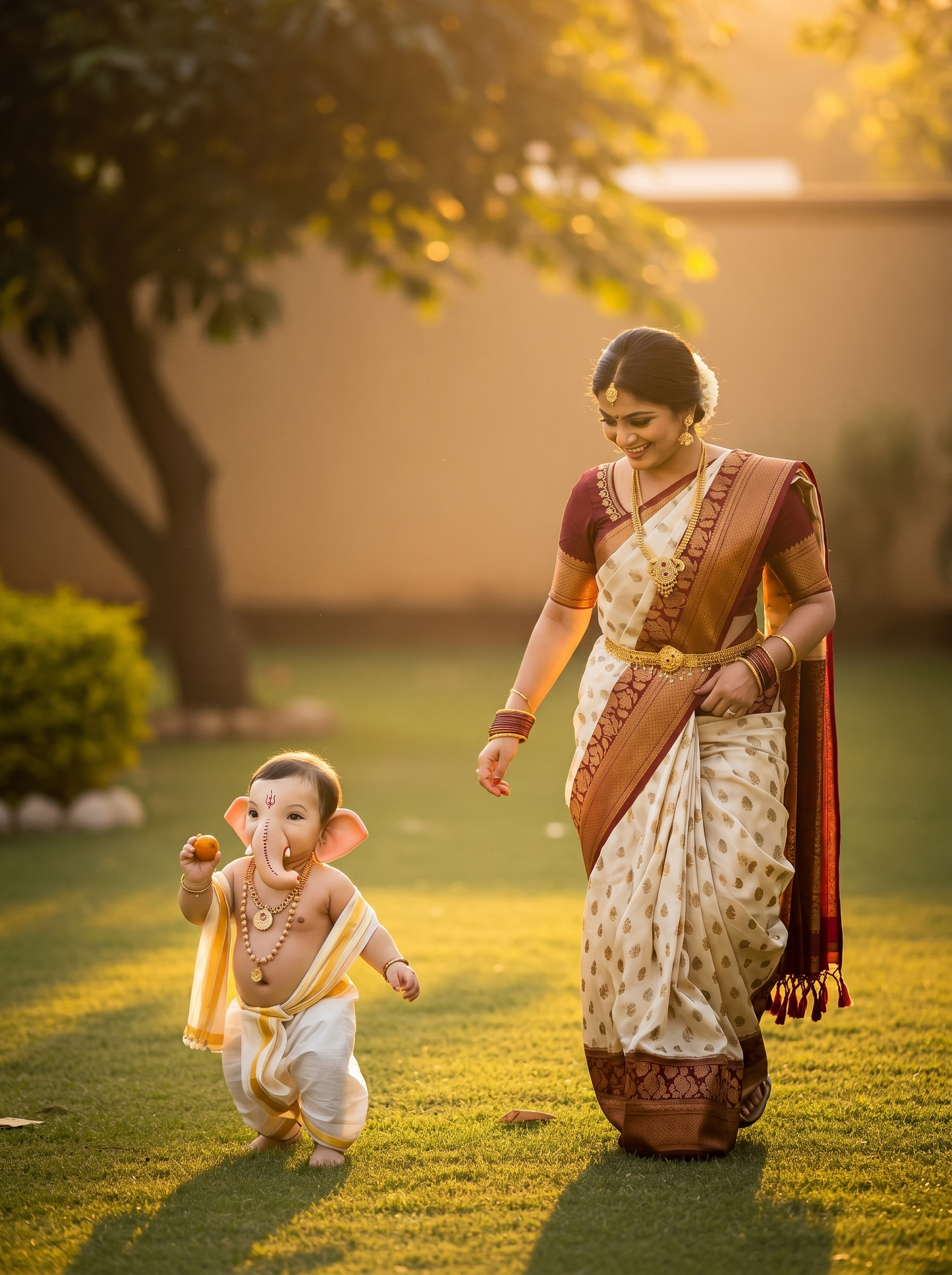 Parvati Walking with Baby Ganesha on Golden Lawn – First Steps Divine Moment Premium Digital Art Print
