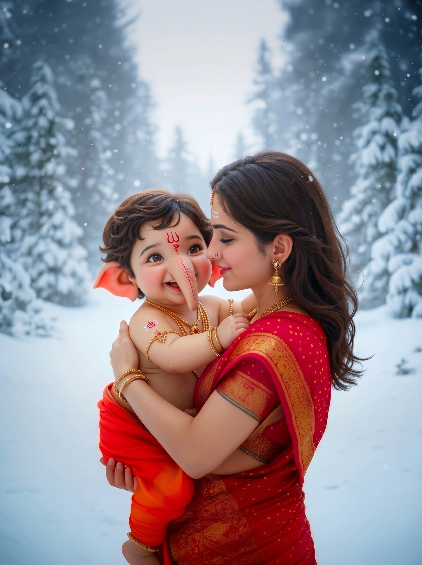 Parvati Holding Laughing Baby Ganesha in Snowy Winter Forest – Nose Kiss Divine Love Premium Digital Art Print