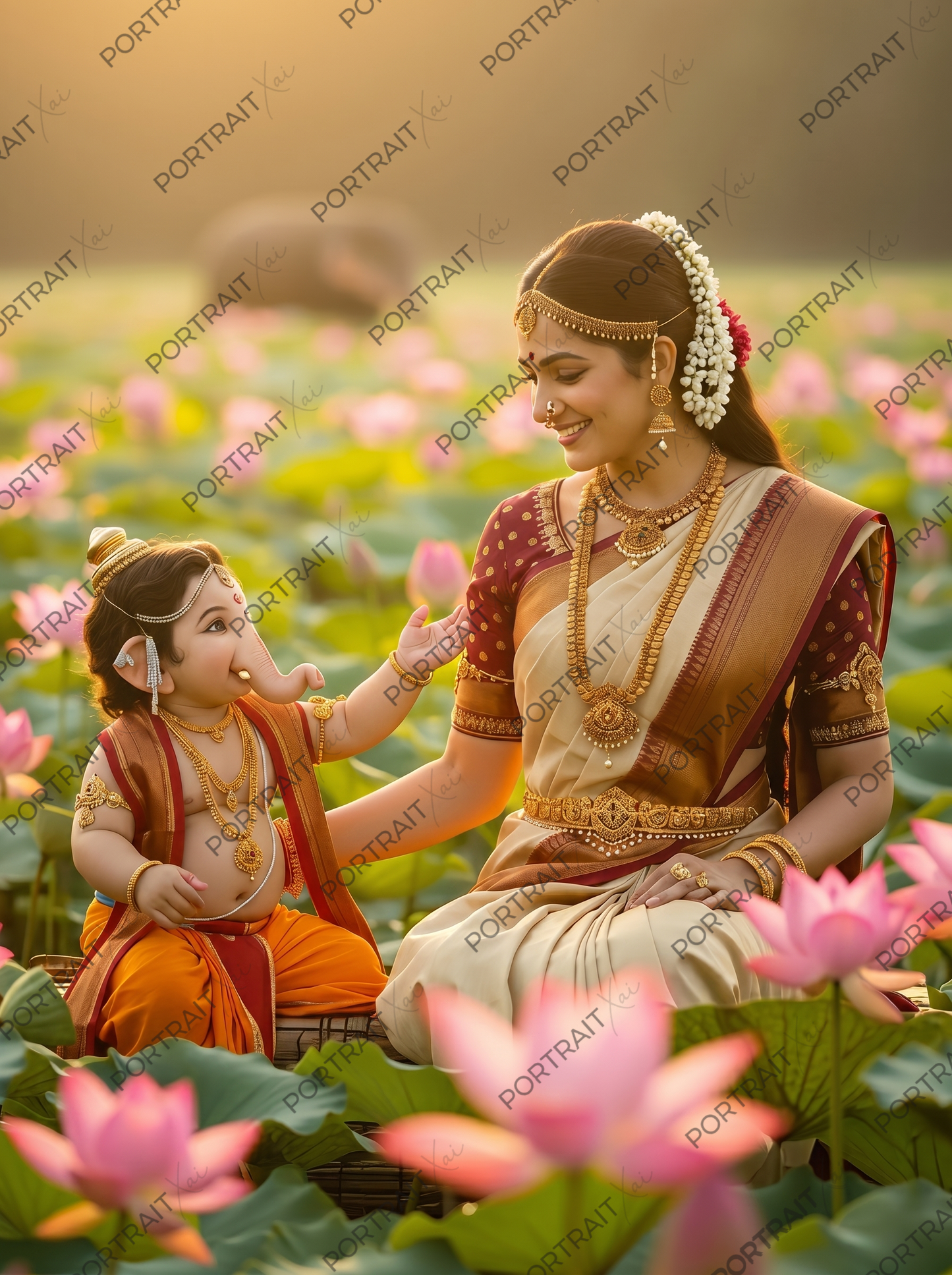 Parvati & Baby Ganesha in Blooming Pink Lotus Field – Golden Sunrise Divine Bond Premium Digital Art Print