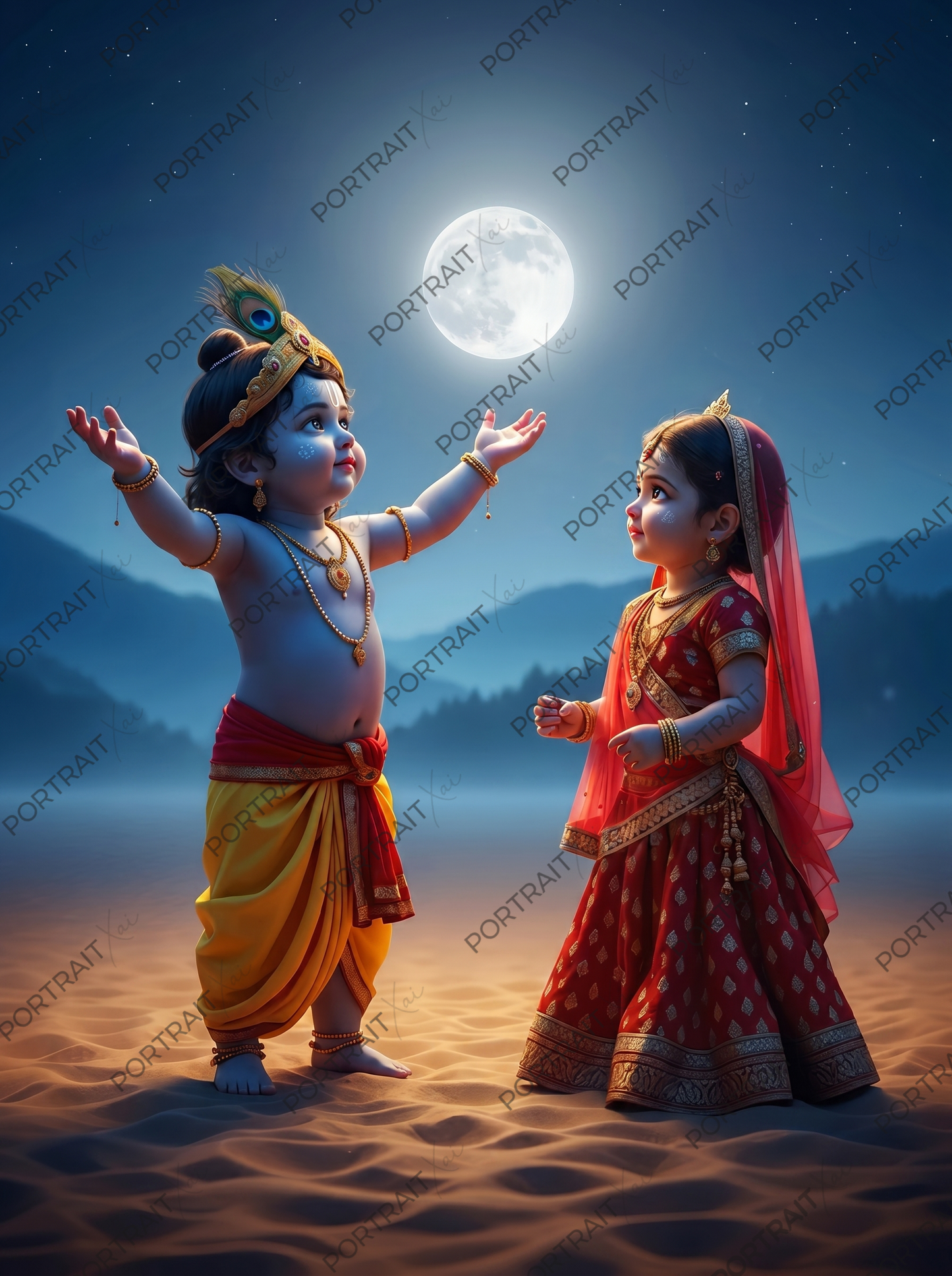 Baby Krishna Offering Moon to Little Radha – Moonlit Beach Divine Love Premium Digital Art Print