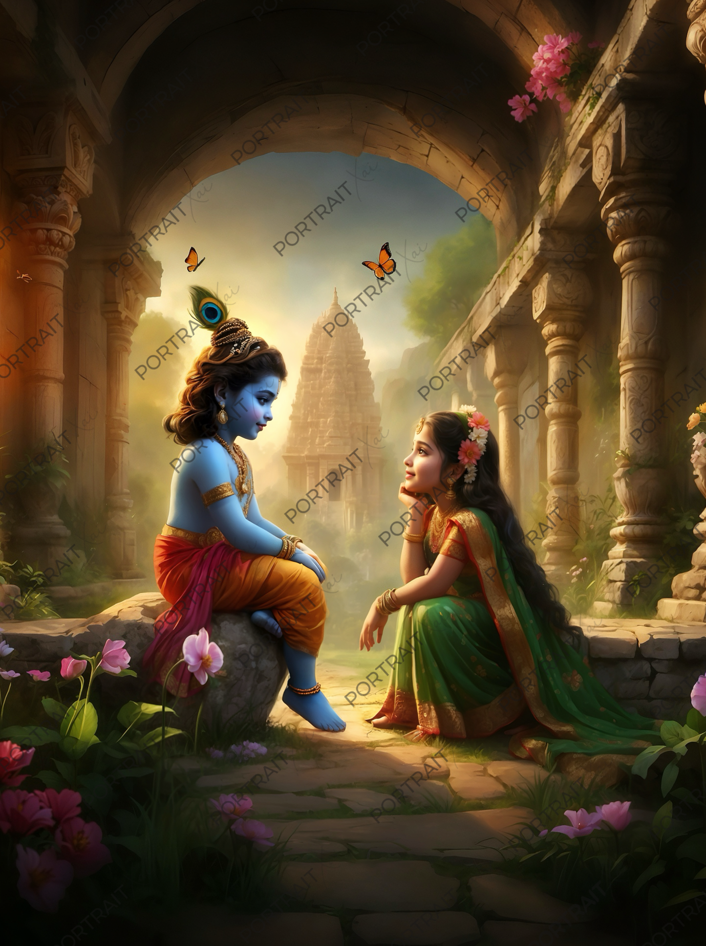 Krishna & Radha in Secret Temple Garden Conversation – Divine Stolen Moment Premium Digital Art Print