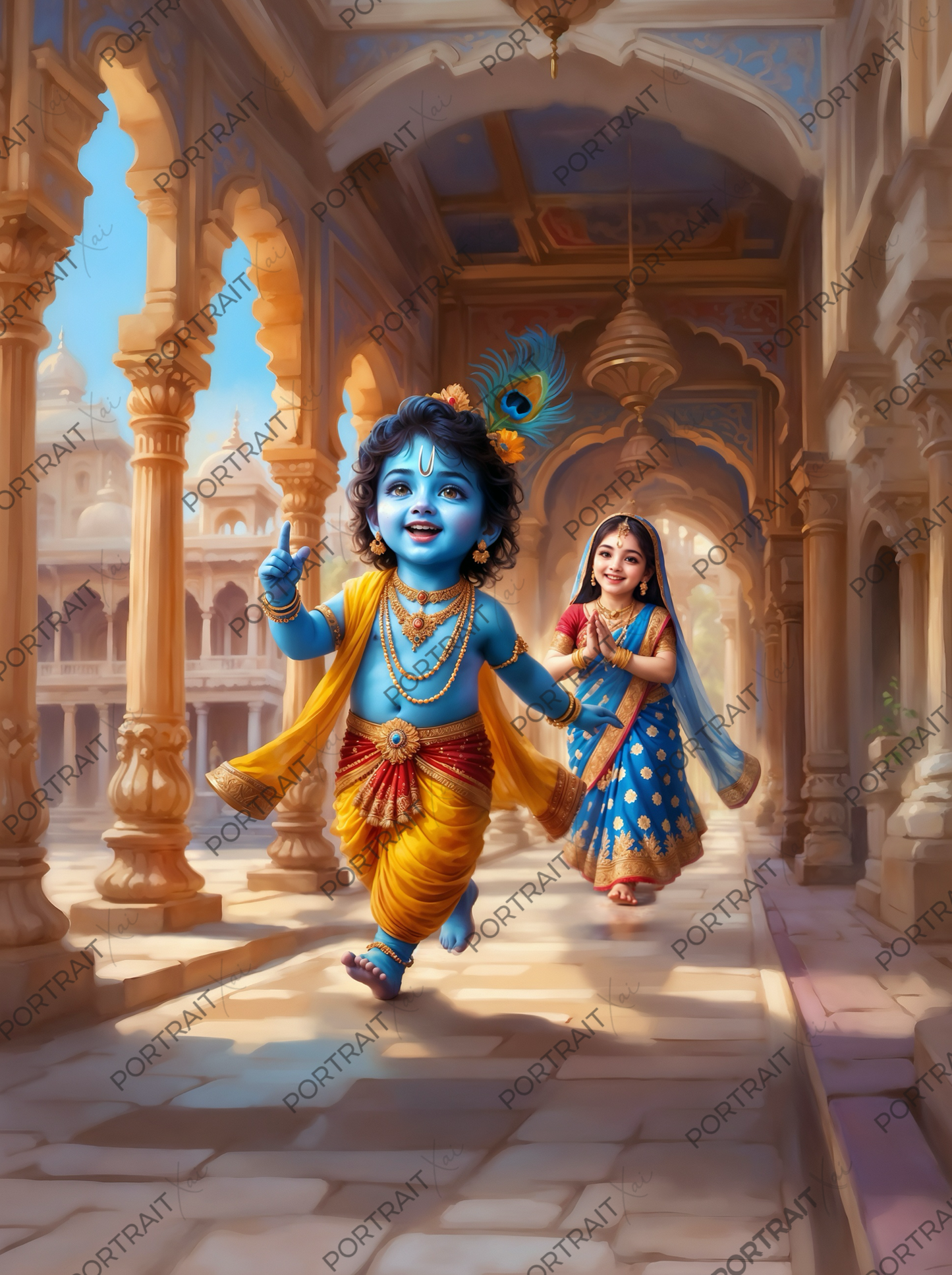 Baby Krishna Running with Radha Chasing in Golden Palace Corridor – Playful Divine Leela Premium Digital Art Print