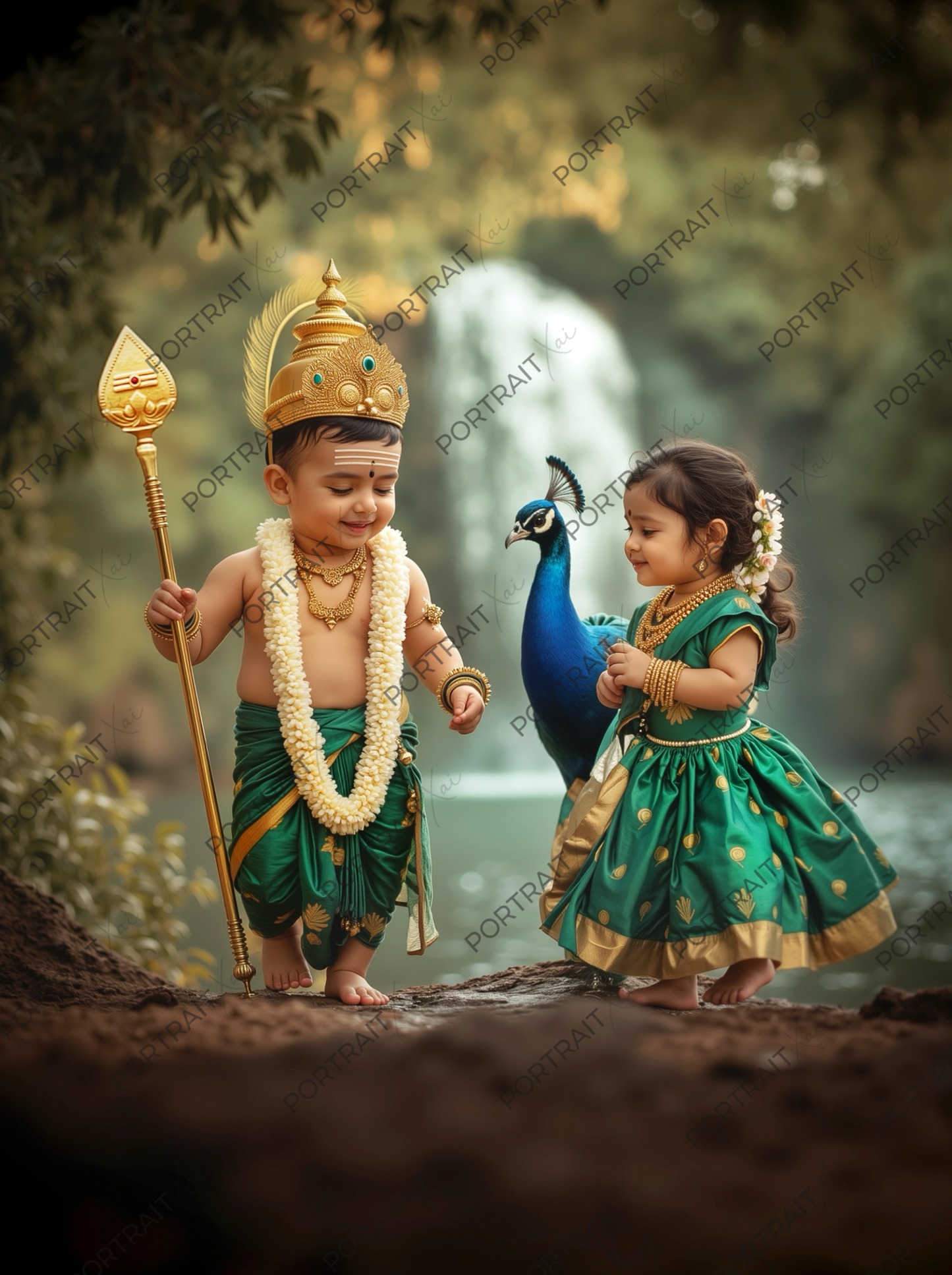 Baby Murugan & Valli by Waterfall with Peacock – Divine Childhood Love Premium Digital Art Print