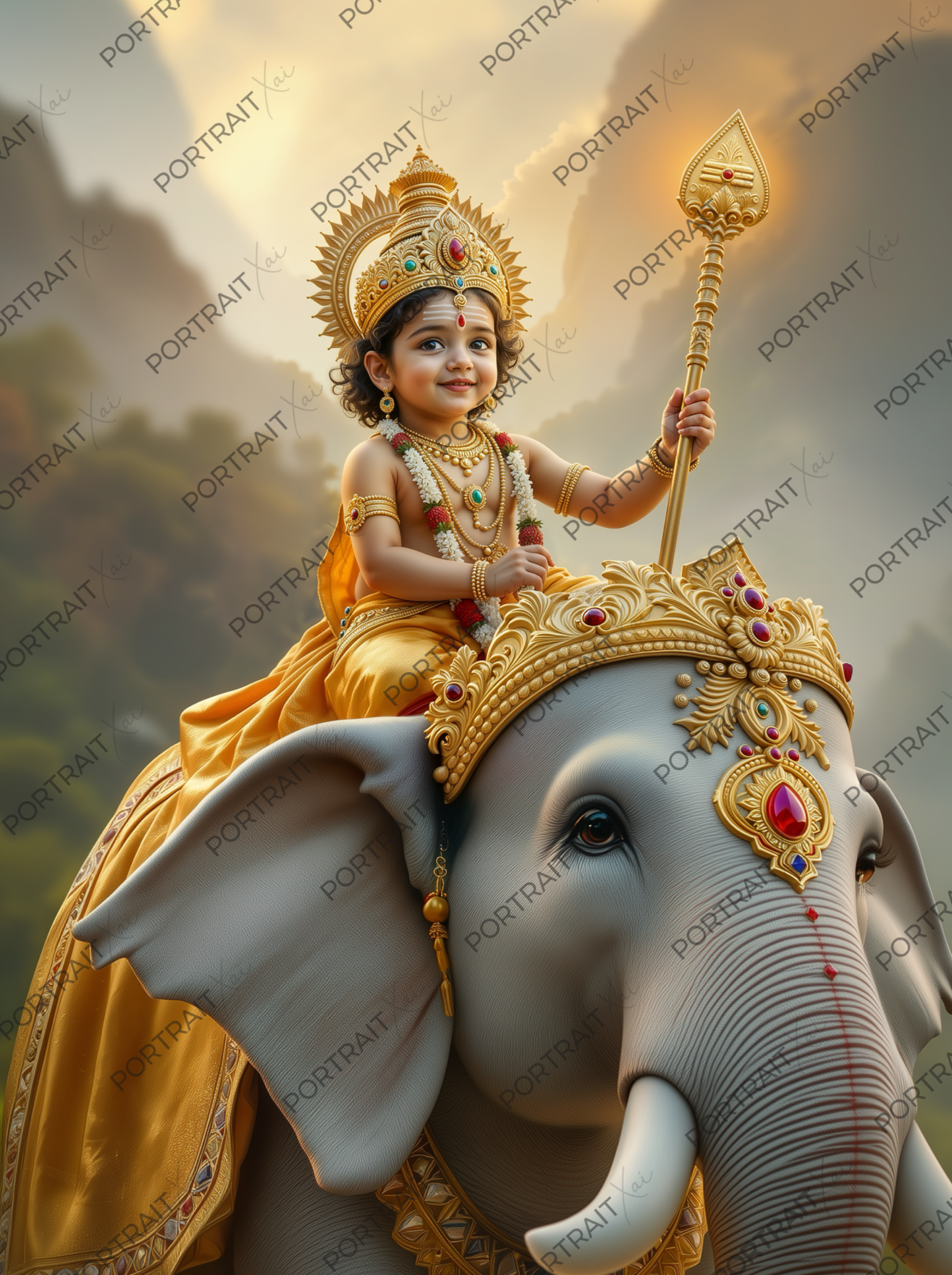 Baby Murugan Riding Royal White Elephant with Golden Vel – Mountain Sunrise Premium Digital Art Print