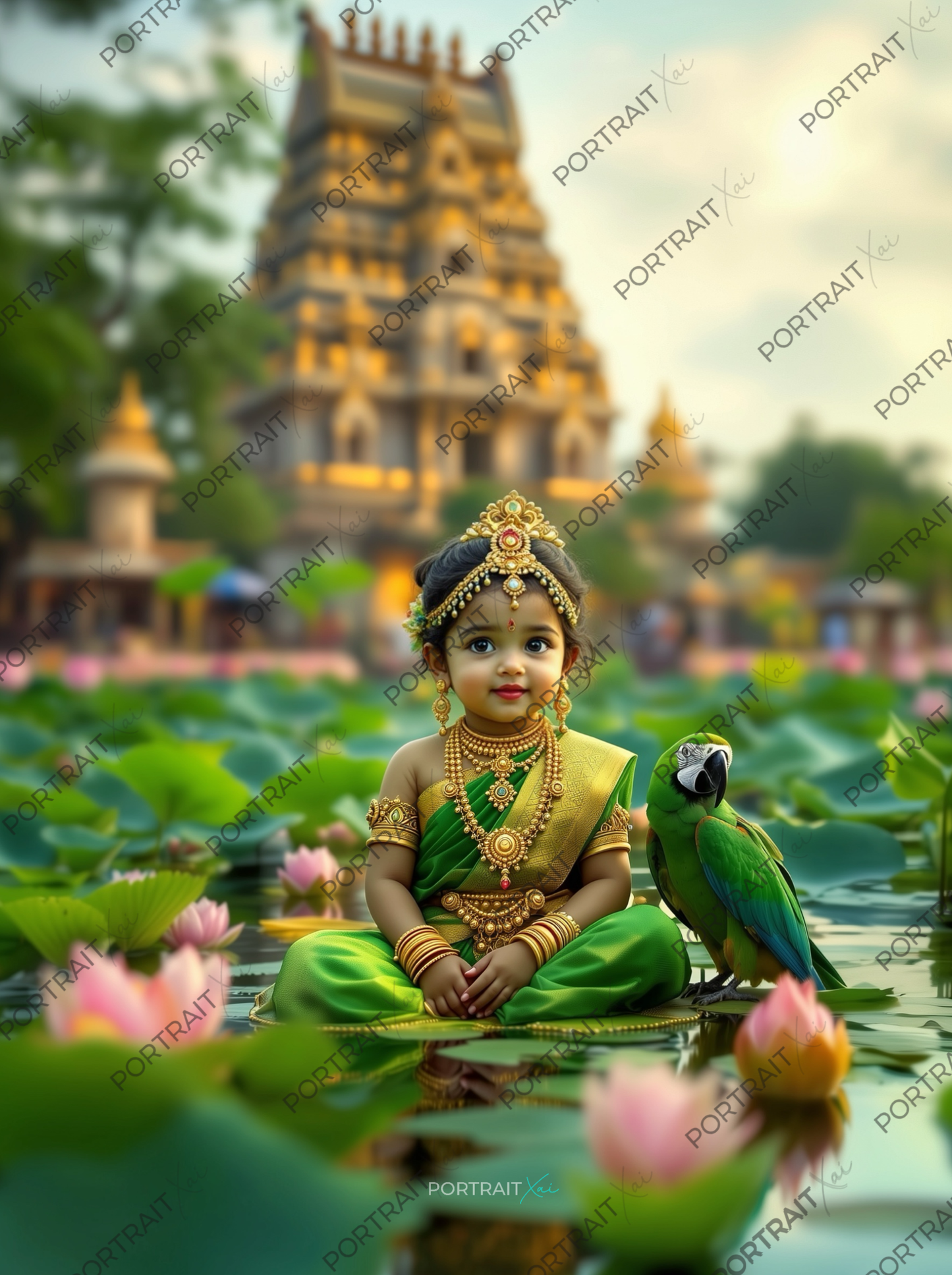 Baby Goddess Meenakshi Sitting on Lotus Pond with Parrot – South Indian Temple Premium Digital Art Print
