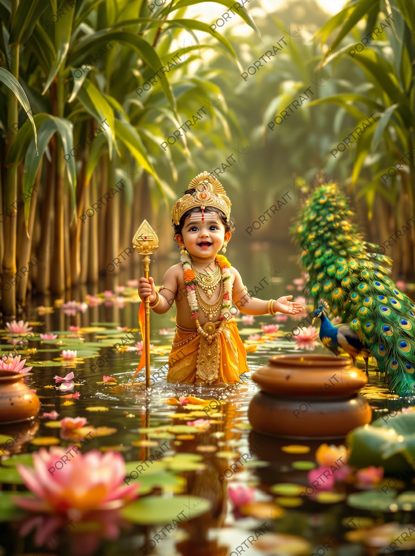 Baby Murugan Playing in Lotus Pond with Peacock – Joyful Divine Art Premium Digital Print