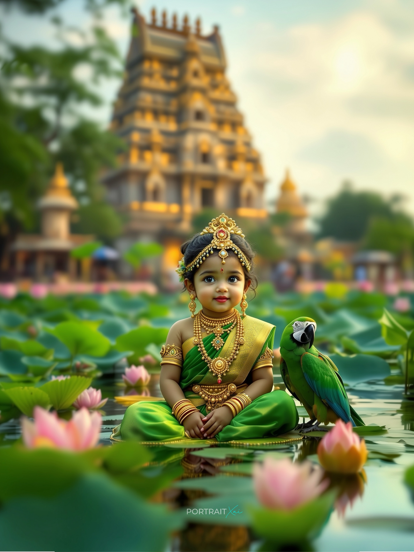 Baby Goddess Meenakshi Sitting on Lotus Pond with Parrot – South Indian Temple Premium Digital Art Print