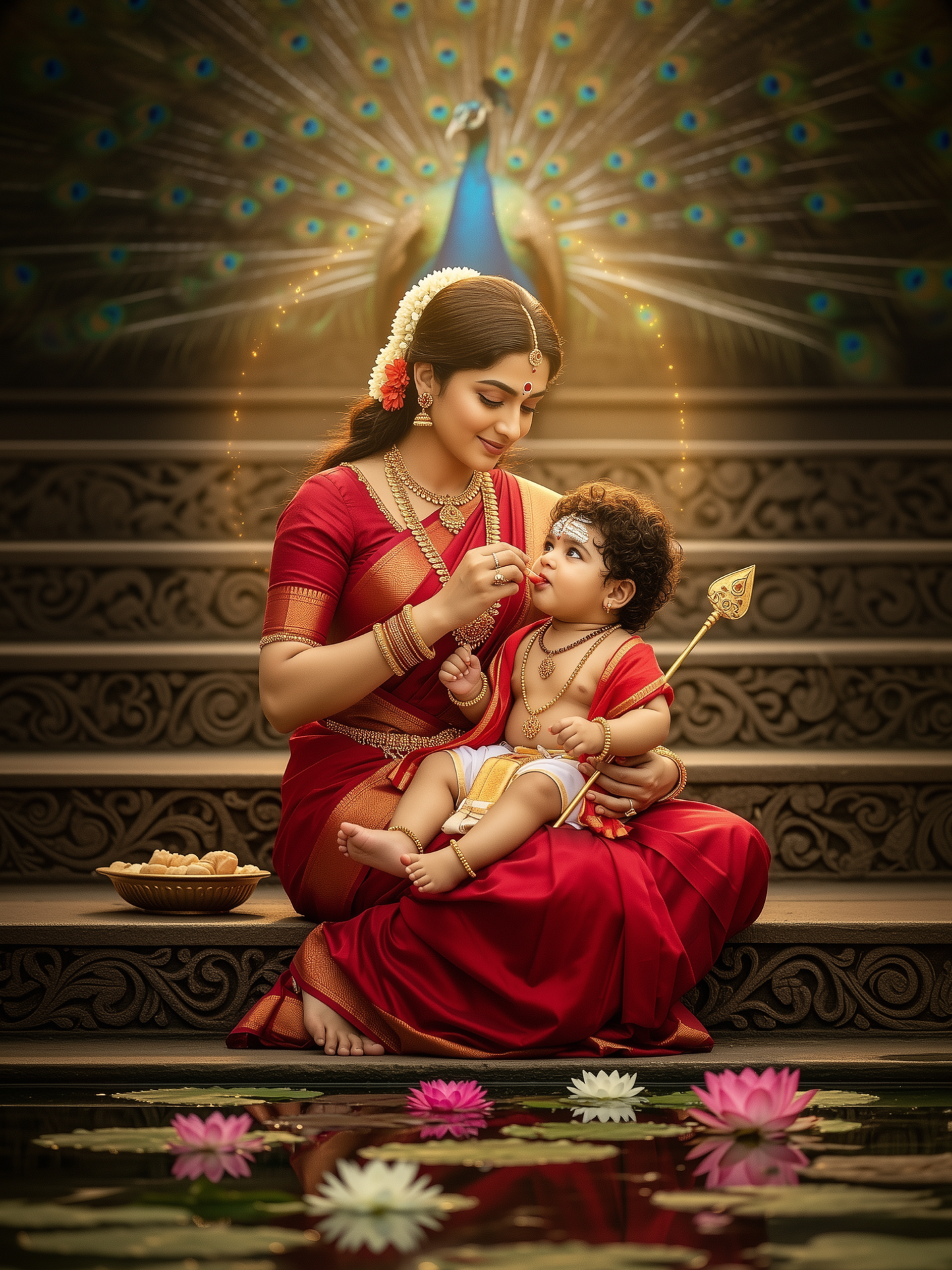 Valli Feeding Baby Murugan on Temple Steps with Peacock – Divine Mother's Love Premium Digital Art Print