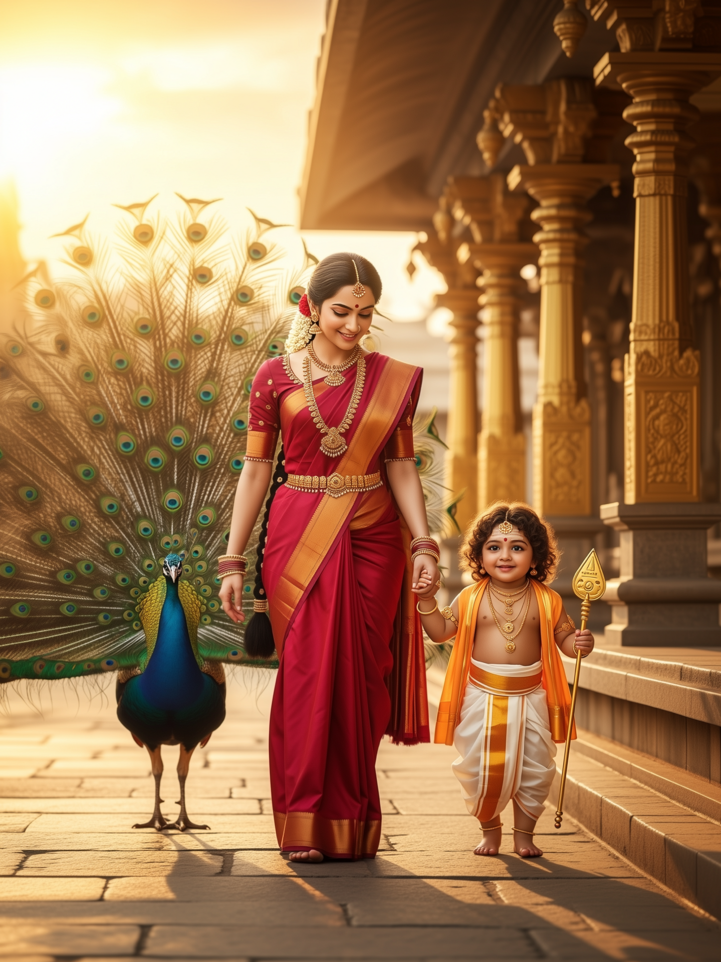 Mother Walking Baby Murugan with Peacock Along Golden Temple Corridor – Divine Bond Premium Digital Art Print