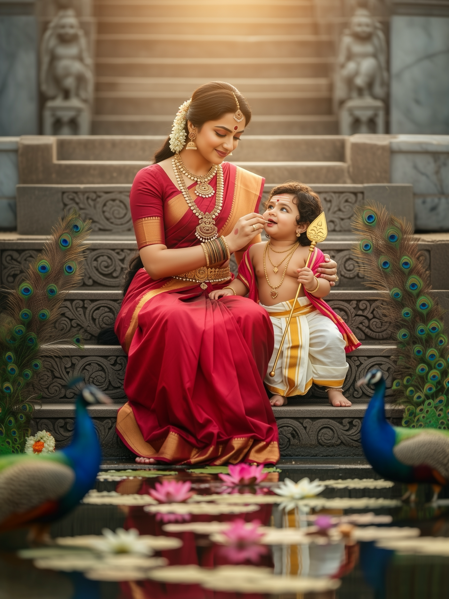 Mother Feeding Baby Murugan on Temple Steps with Peacocks & Lotus Pond – Sacred Love Premium Digital Art Print
