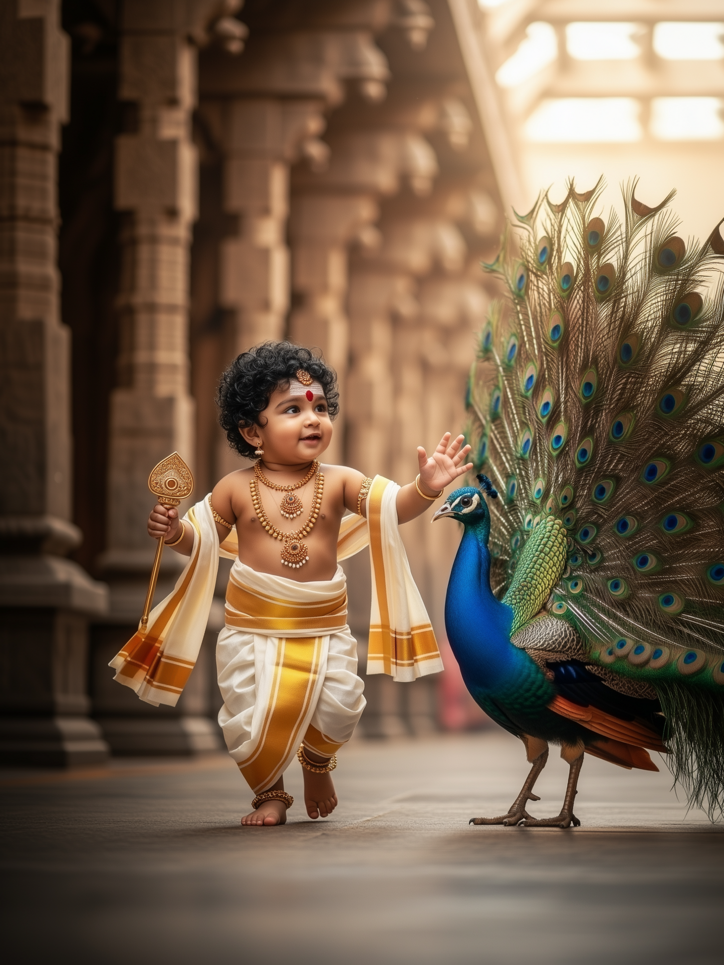 Baby Murugan Playing with Peacock in Temple Corridor – Joyful Divine Friendship Premium Digital Art Print
