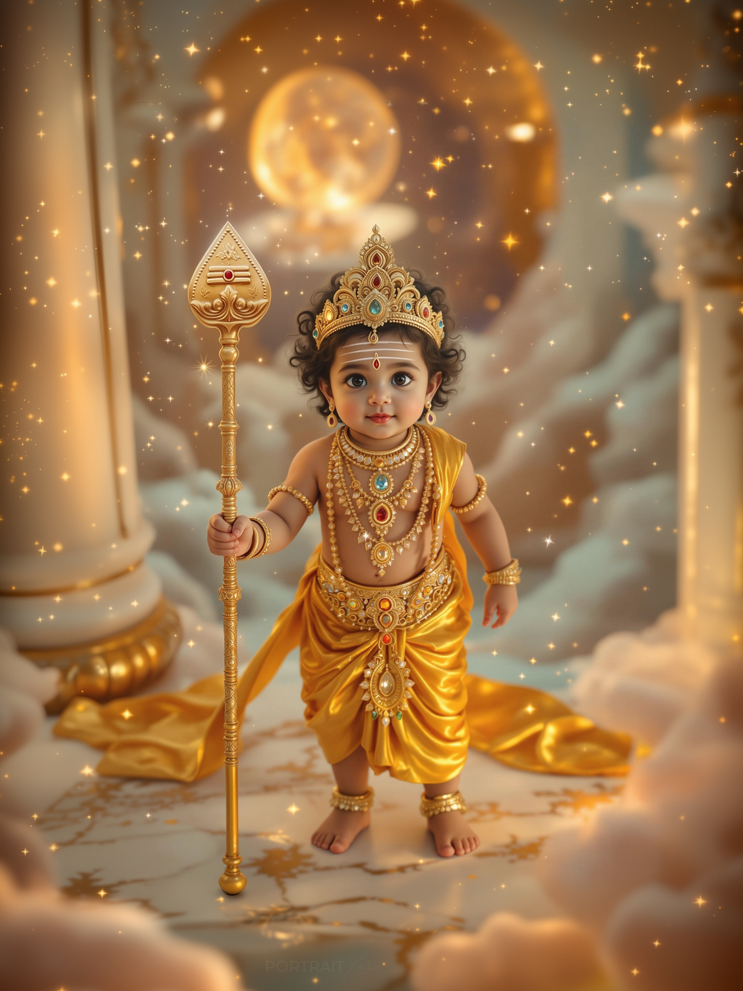 Baby Murugan Standing in Celestial Heaven with Golden Vel – Divine Prince of the Stars Premium Digital Art Print