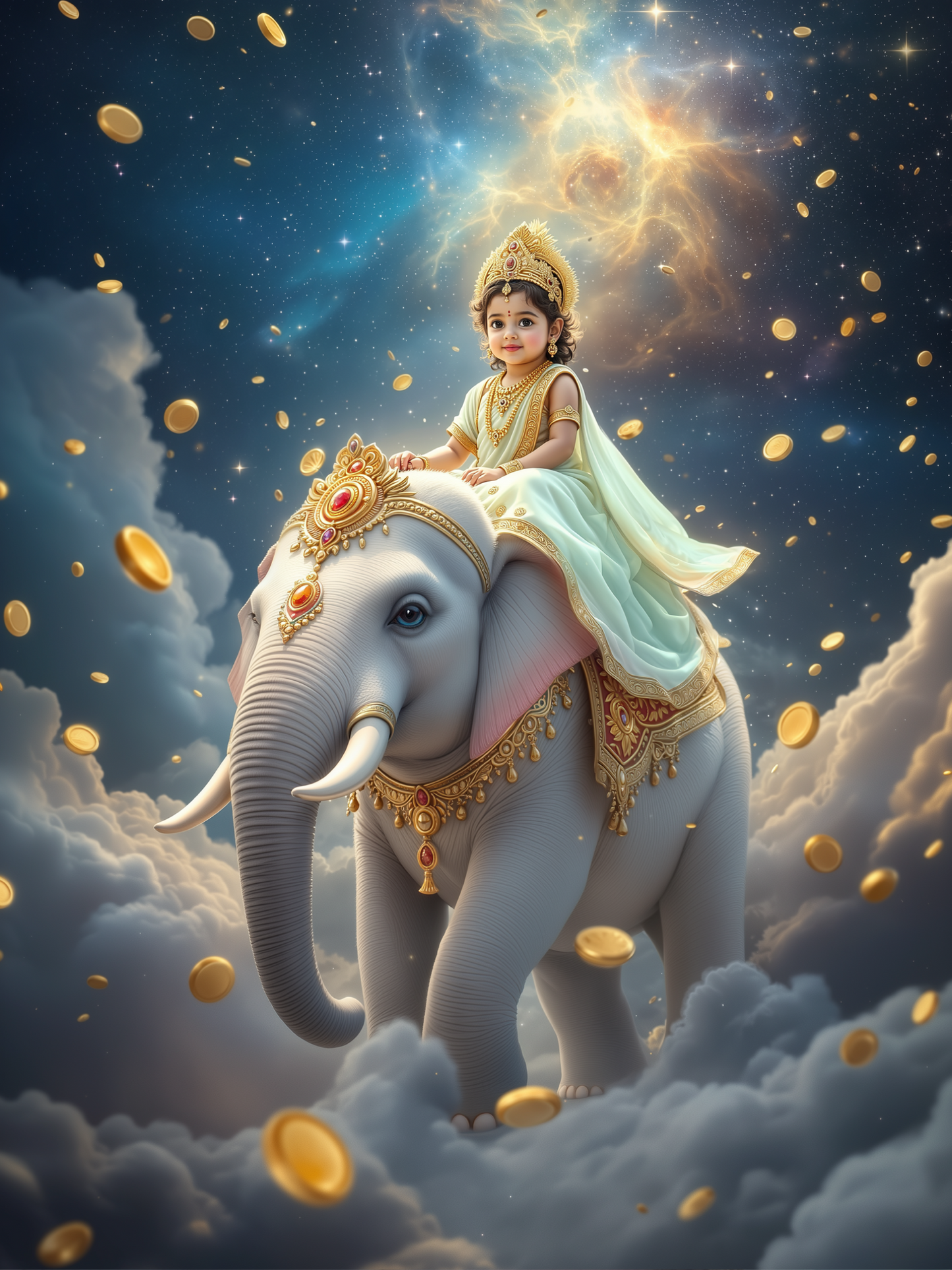 Baby Goddess Lakshmi Riding White Elephant Airavata Through Cosmic Sky – Divine Prosperity Premium Digital Art Print