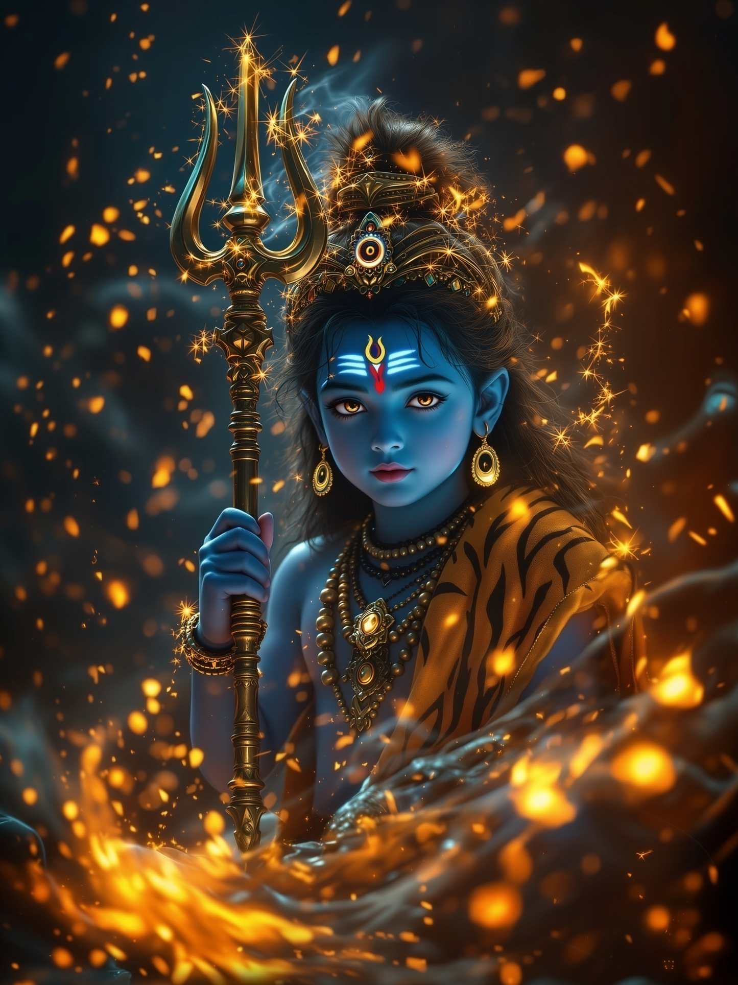 Young Lord Shiva with Golden Trishul Surrounded by Cosmic Fire – Divine Destroyer Premium Digital Art Print