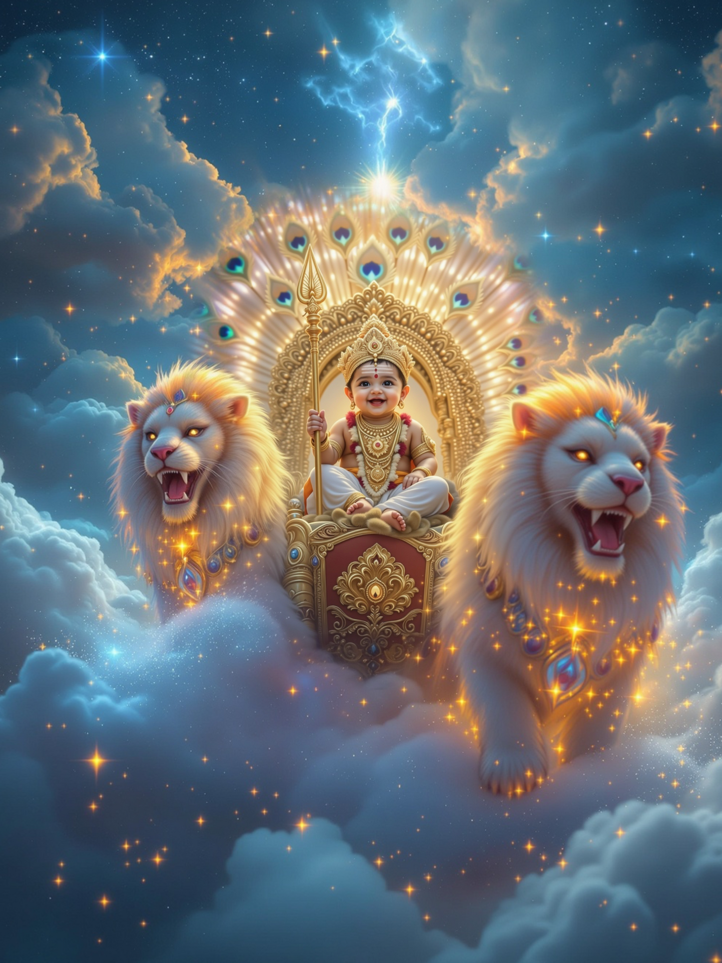 Baby Murugan Seated on Celestial Throne with Twin Divine Lions – Peacock Halo Cosmic Sky Premium Digital Art Print