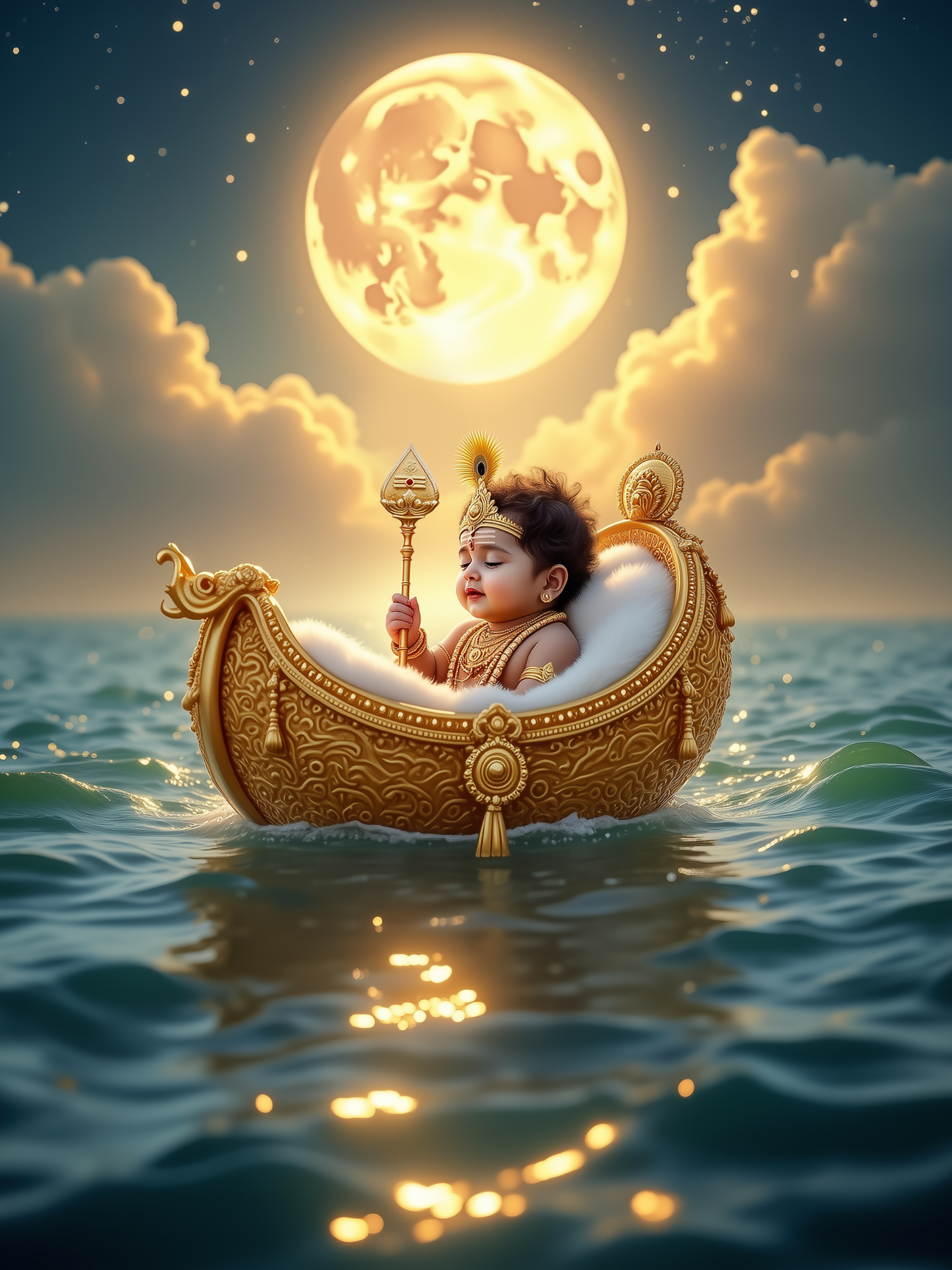 Baby Murugan Drifting on Golden Boat in Moonlit Ocean – Celestial Divine Serenity Premium Digital Art Print