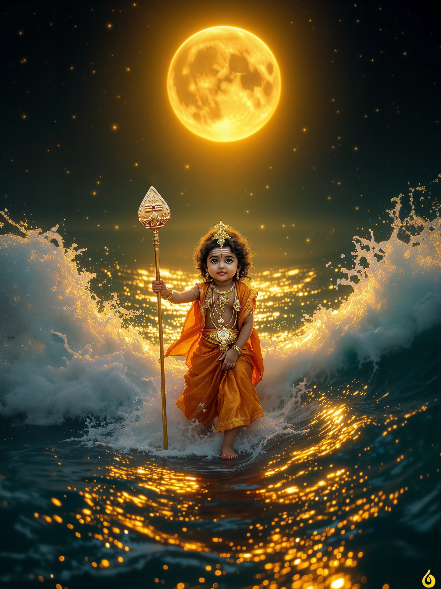 Baby Murugan Walking on Golden Ocean Waves Under Full Moon – Divine Warrior of Light Premium Digital Art Print