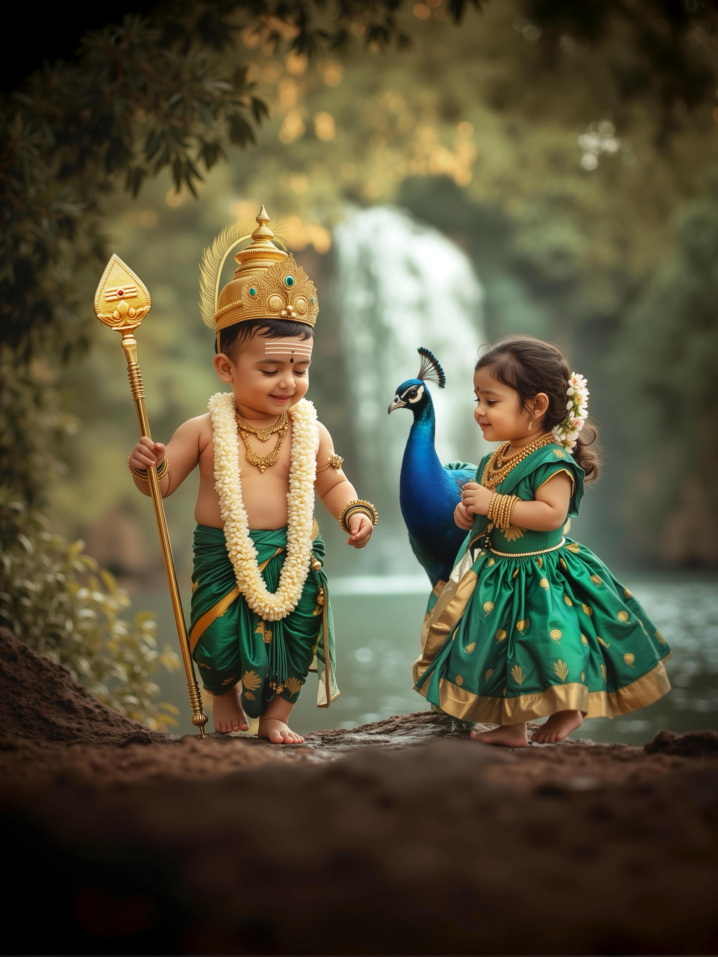Baby Murugan & Valli by Waterfall with Peacock – Divine Childhood Love Premium Digital Art Print