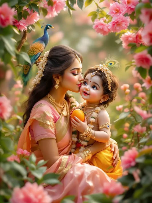 Yashoda Kissing Baby Krishna in Pink Flower Garden with Peacock – Pure Mother's Love Premium Digital Art Print