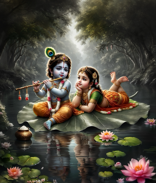Baby Radha Krishna on Lotus Leaf in Mystical Forest River – Divine Love Premium Digital Art Print