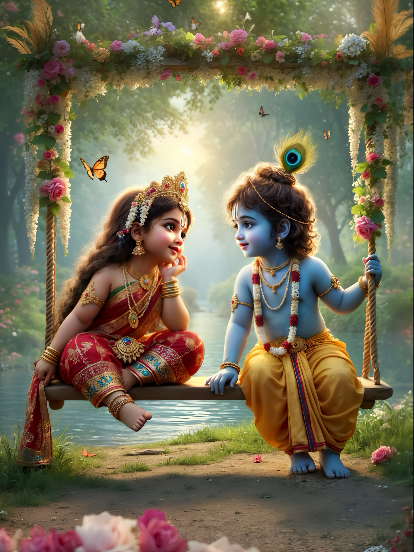 Baby Radha Krishna on Floral Swing by River – Eternal Divine Love Premium Digital Art Print
