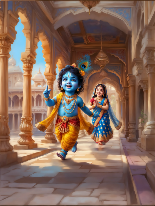 Baby Krishna Running with Radha Chasing in Golden Palace Corridor – Playful Divine Leela Premium Digital Art Print