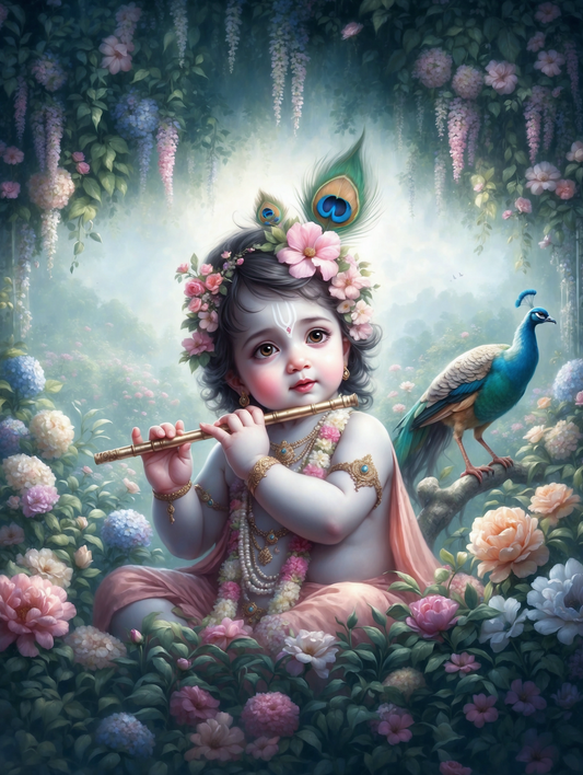 Baby Krishna Playing Flute in Enchanted Flower Garden with Peacock – Pastel Dream Premium Digital Art Print