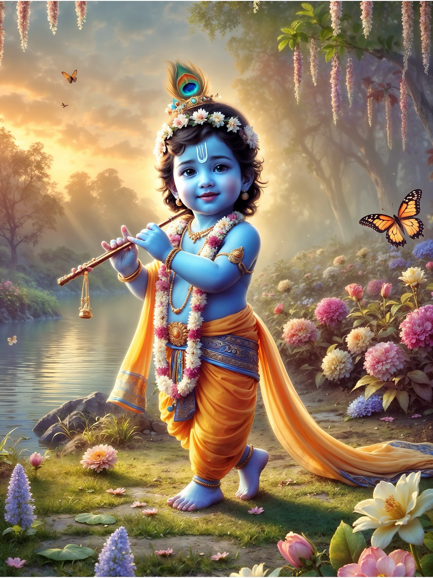 Baby Krishna Standing by River Playing Flute with Butterflies – Golden Sunset Garden Premium Digital Art Print