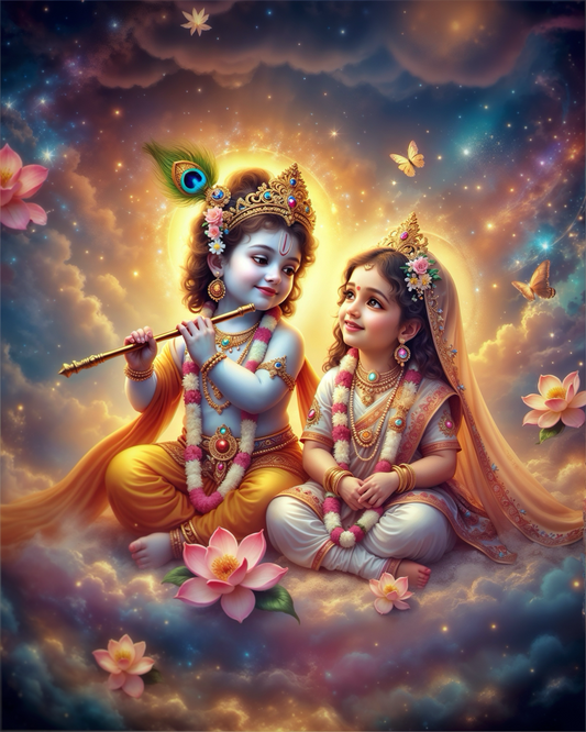 Radha Krishna Seated on Celestial Clouds with Flute & Lotuses – Cosmic Divine Love Premium Digital Art Print